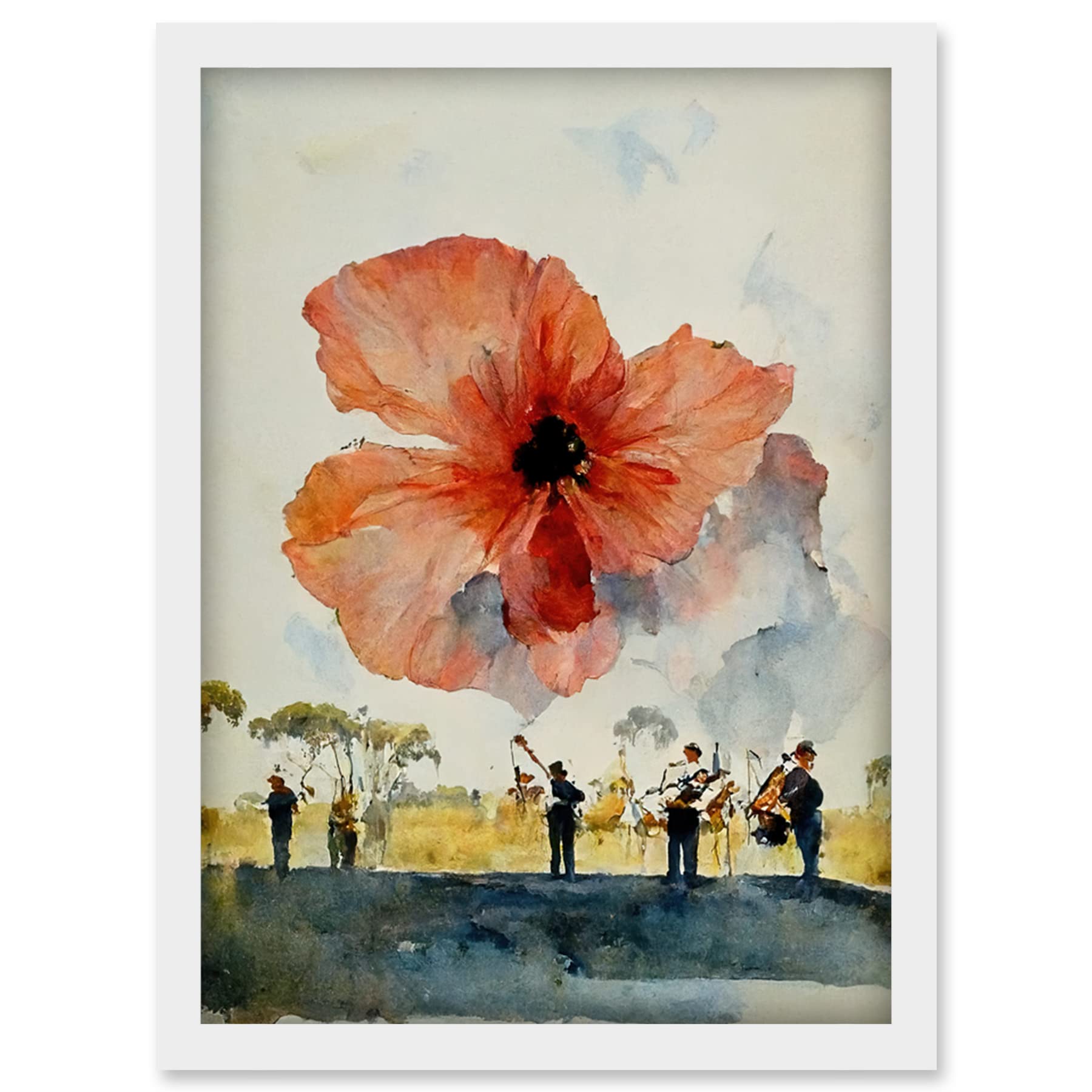 War Memorial Remembrance Day Poppy Brass Band Artwork - Watercolour Framed Wall Art Print A4