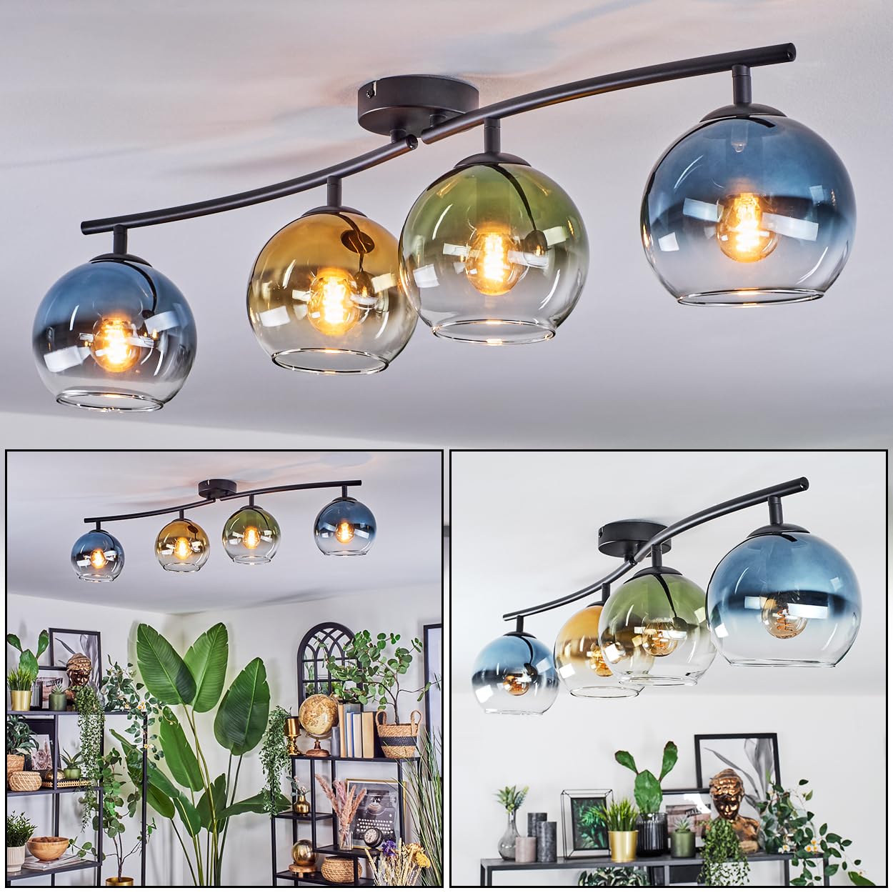Plafonnier chic Koyoto boules bleu or vert clair structure 4 lumières premium - 7