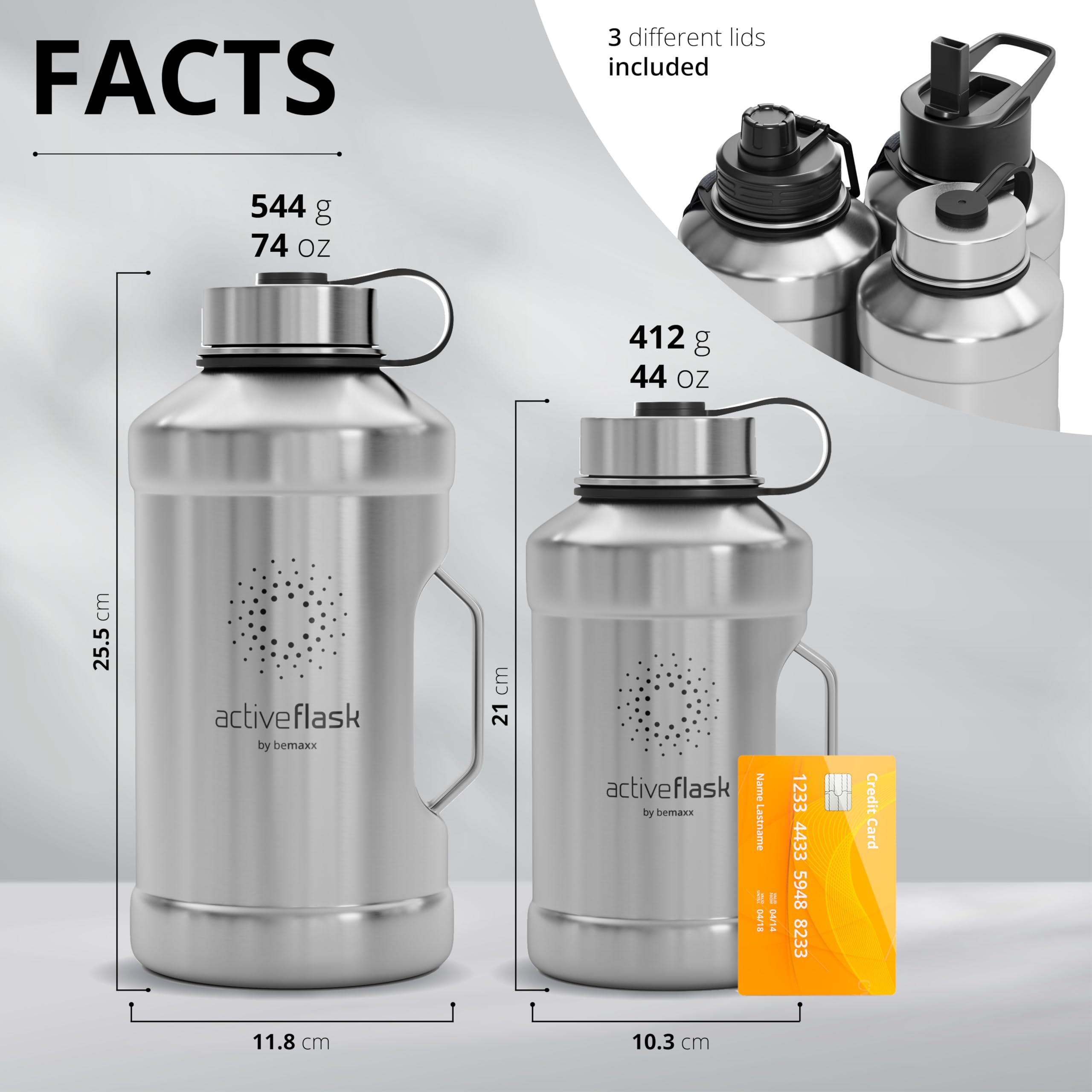 Borraccia in acciaio inox Active Flask + cannuccia (3 tappi) | 1,3/2,2 litri bottiglia sportiva senza BPA a prova di perdite per bibite gassate, 2l XL bottiglie Sport Outdoor Palestra Acqua