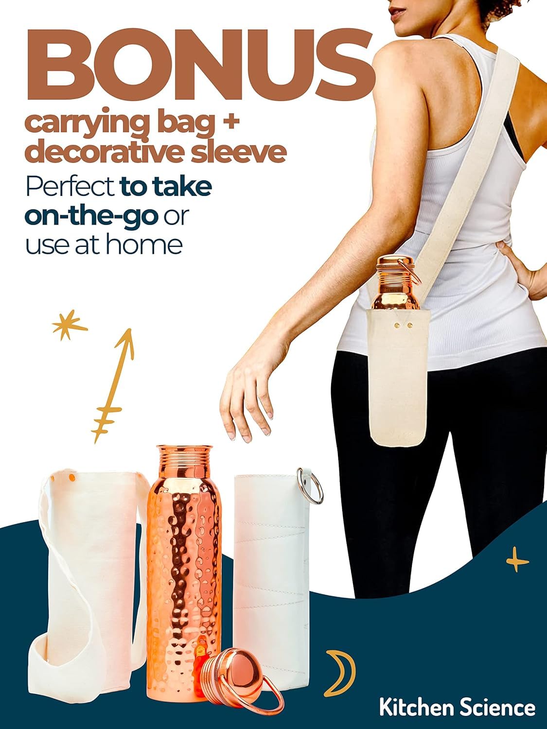 Kitchen Science Geschenkset Wasserflasche aus reinem gehämmertem Kupfer, 100 ml, mit Griff, Canvas-Hülle und Schlinge