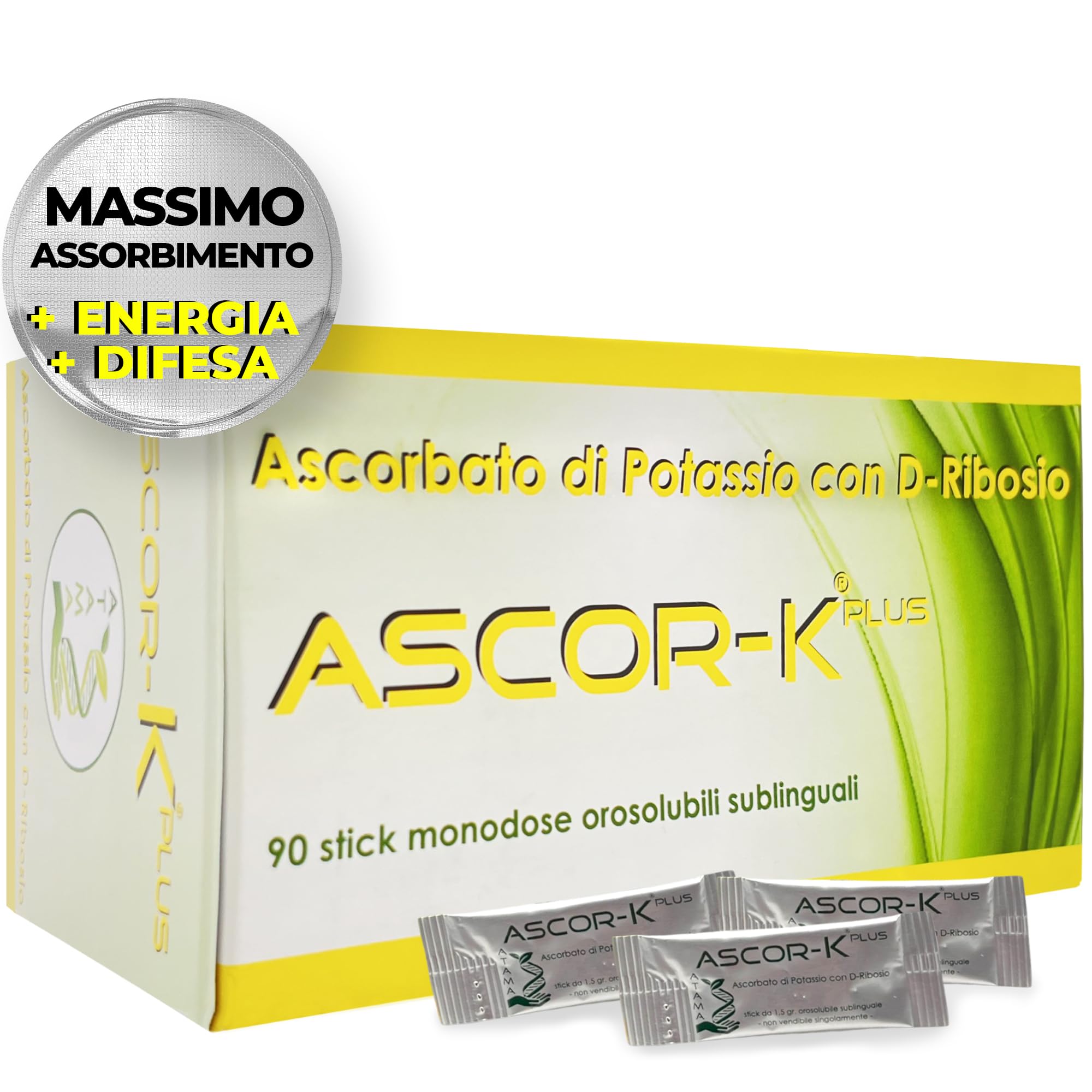 Ascorbato di Potassio Pantellini 90% [+ Innovazione Sublinguale] – Ascorbato di Potassio con D Ribosio Ascor-K Plus | Integratore per Sistema Immunitario | Energia Naturale - 90 Stick