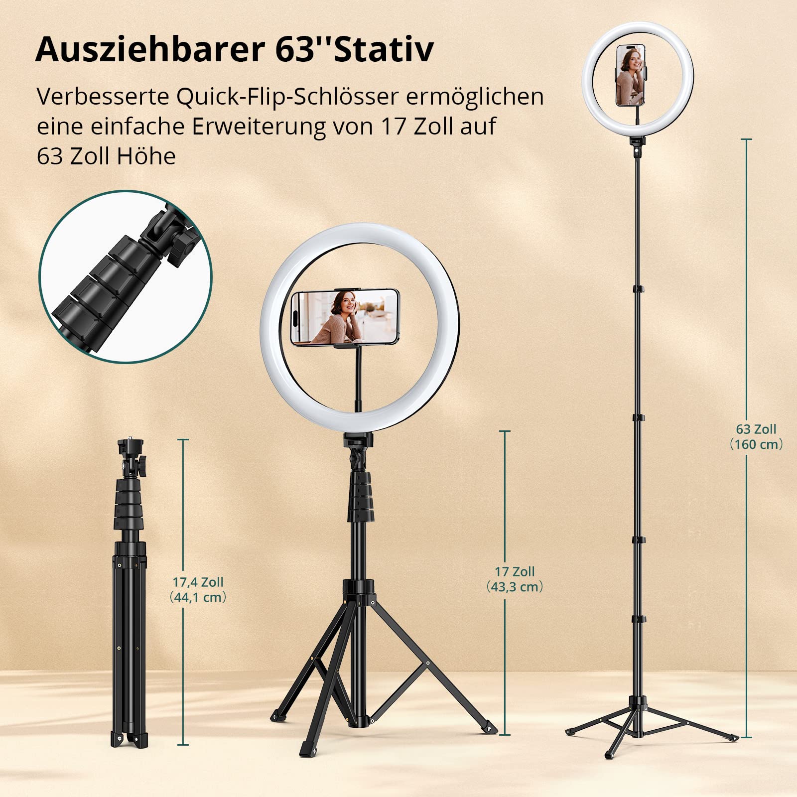 ATUMTEK 12" Selfie-Ringlicht mit 63" Ausziehbarem Stativ, Selfie-Licht mit Handyhalter und Bluetooth-Fernbedienung, Dimmbares LED-Ringlicht für Streaming, TikTok, Zoom, Vlogging, YouTube usw.