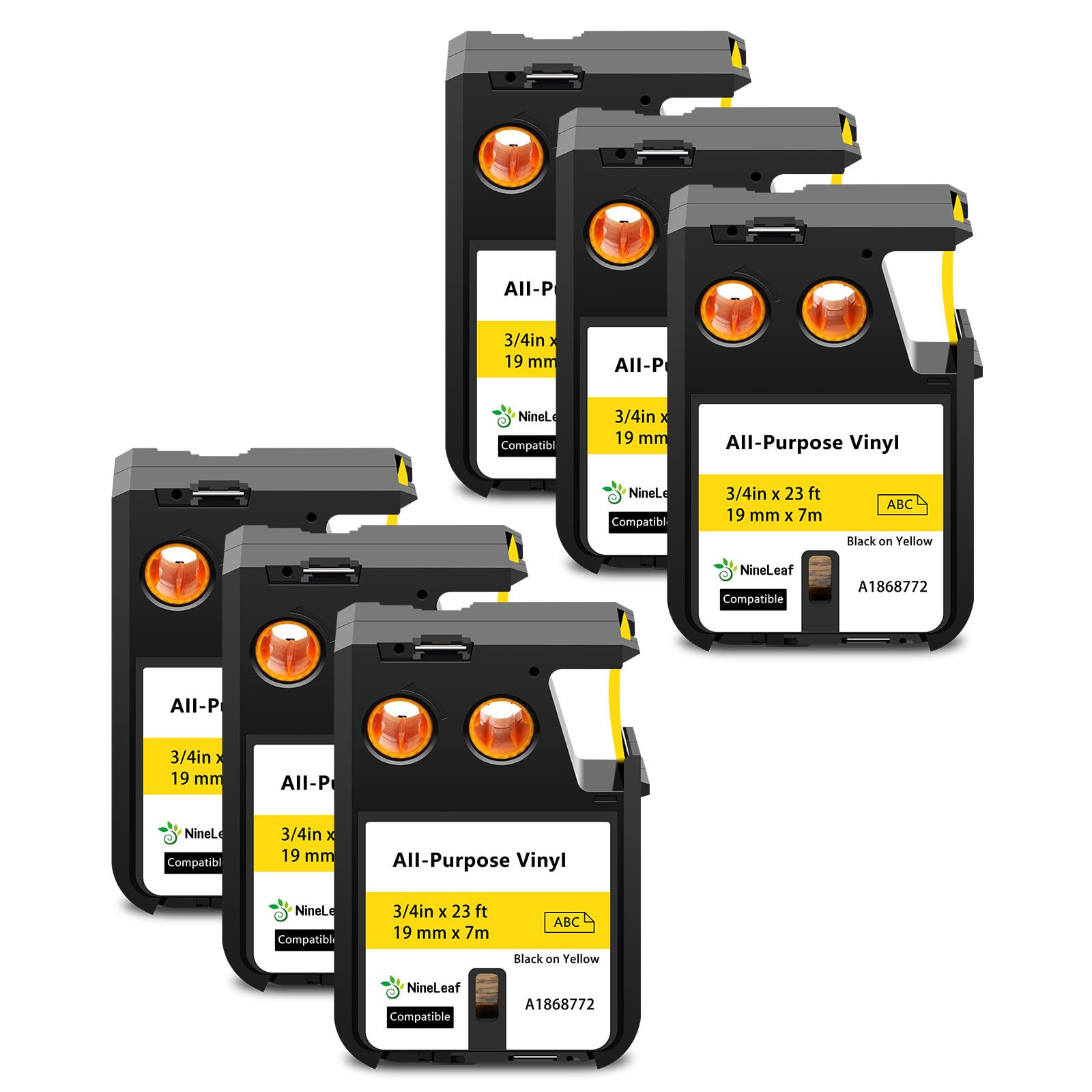 NineLeaf 6 Pack Compatible with DYMO XTL Label Maker Tape 1868772 A1868772 Black on Yellow 19mm x 7m Self-Adhesive All-Purpose Vinyl Industrial Tape for DYMO XTL-300 XTL-500 Label Printer