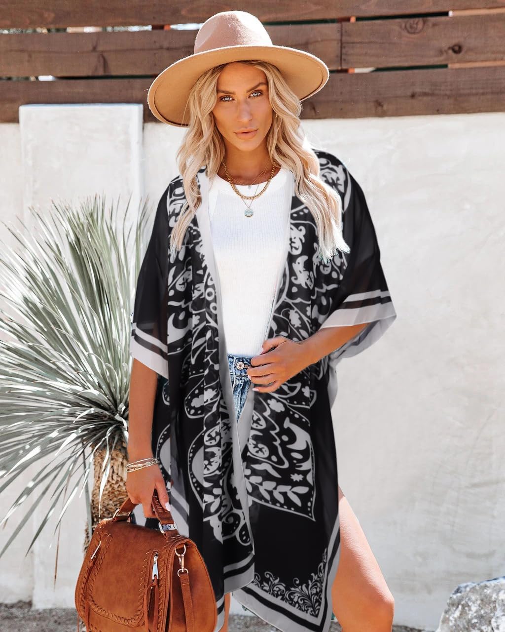 Bestshe Womens Bohemian Kimono Cardigans Fashion Floral Beach Cover Up Casual Loose Swimsuit Cardigan Black - Image 6