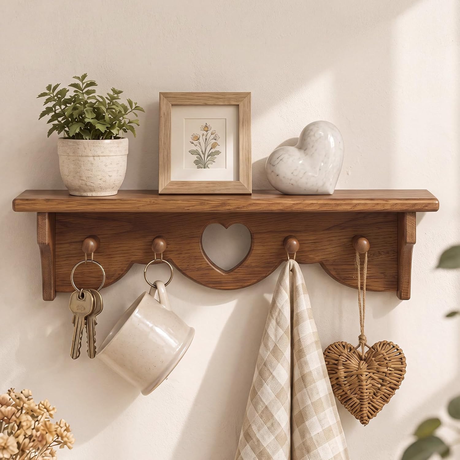 Pinkunn 16'' Heart Floating Oak Shelf for Wall, with 4 Hooks, Rustic Decor | Vintage Wooden Heart Shelf, Natural Oak, Hooks for Keys Towels, Farmhouse for Living Room Bedroom Entryway, Space Saving