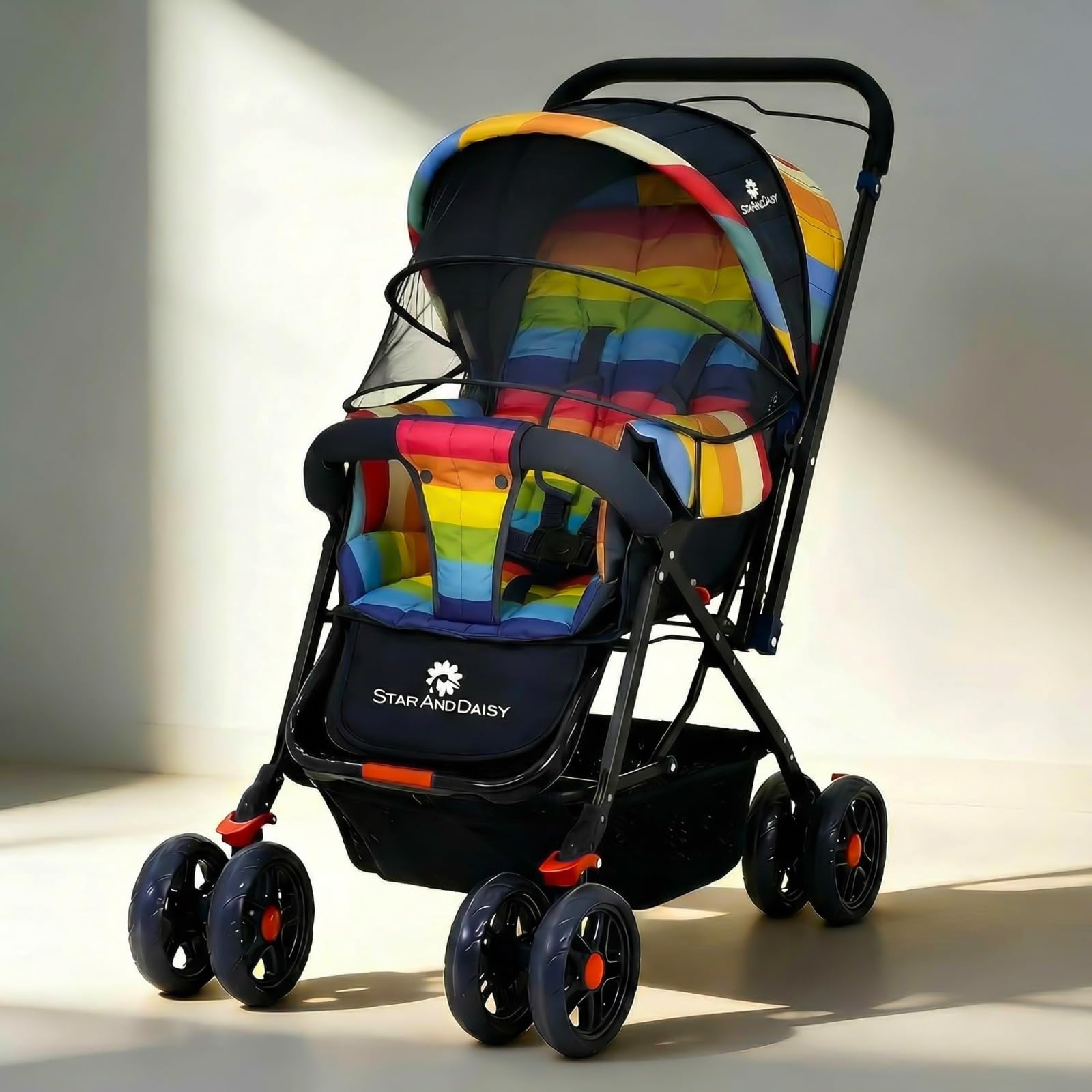 StarAndDaisy Stroller for Baby Boy & Girl 0 to 3 Years / Baby Stroller with Lightweight / Foldable Pram for Kids with 5-Point Safety Harness, Adjustable Backrest, 360° Swivel Wheel, Large Storage, Reversible Handlebar, Extended Mosquito Net -Rainbow-picture-15