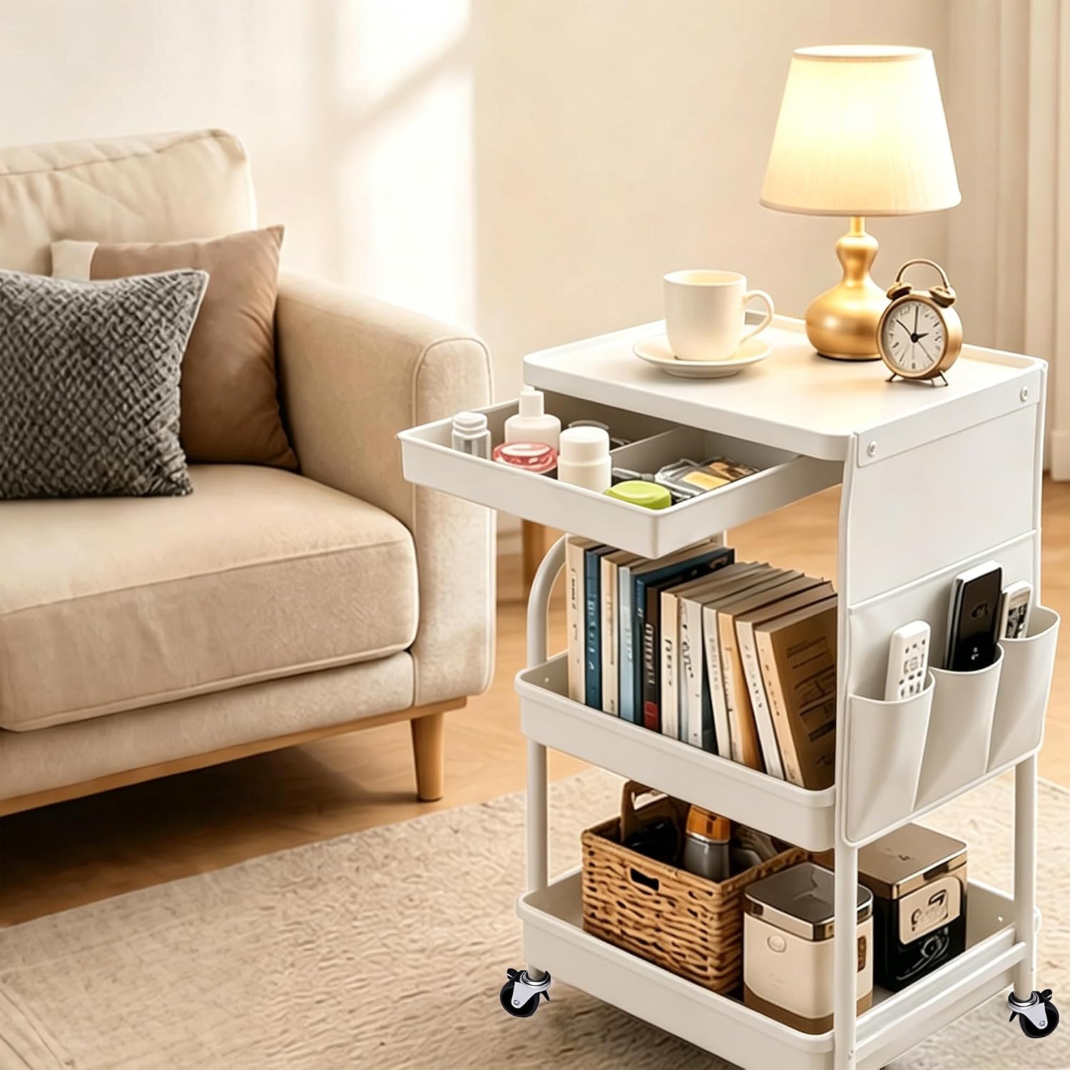 BLULEE 3-Tier Rolling Storage Cart with Pull-Out Drawer & Side Organizer
