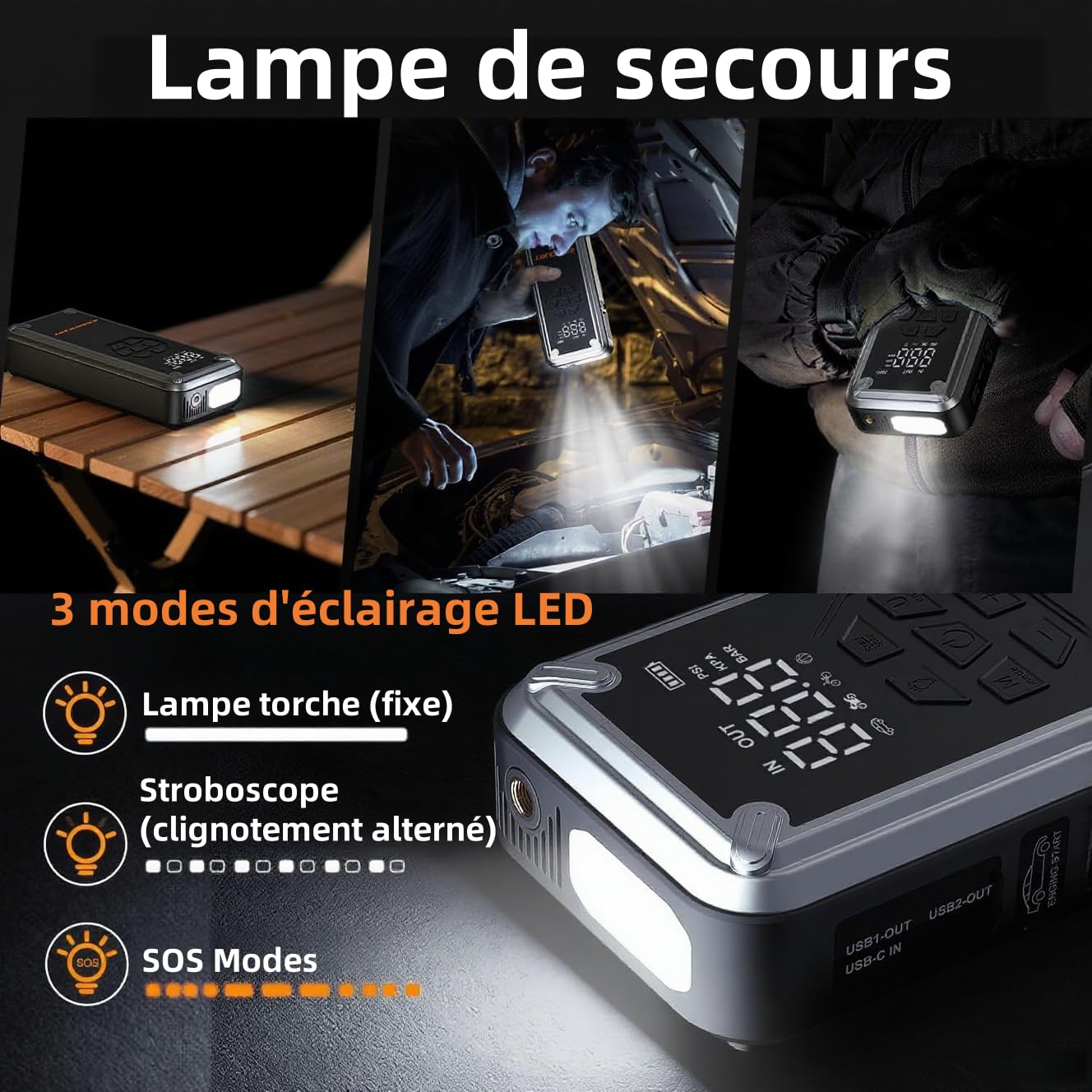 Acmount 7000A Booster Batterie Voiture avec Gonfleur 150PSI, 21800mAh Demarreur Batterie Voiture avec Lampe 800LM,18W Charge Rapide, Port de QC3.0 pour 12V Véhicules (Tout Gaz/12L Diesel)
