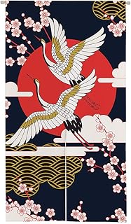 オレンジ Designのれん 鹤 鳥 雲 水彩 動物 綿麻 リビングルーム ポーチ 洗面所 台所用 間仕切り カーテン 半遮光 おしゃれ ロング 四季兼用 目隠し 85 * 150cm