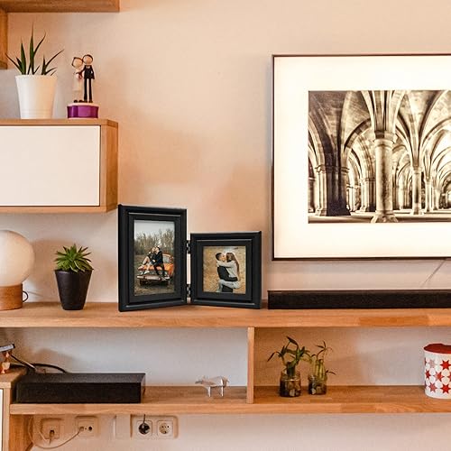 Miniatura 9 de WISADD Portarretratos horizontales de 5 x 7 pulgadas, marcos de fotos plegables de madera con doble bisagra con cristal real frontal para escritorio