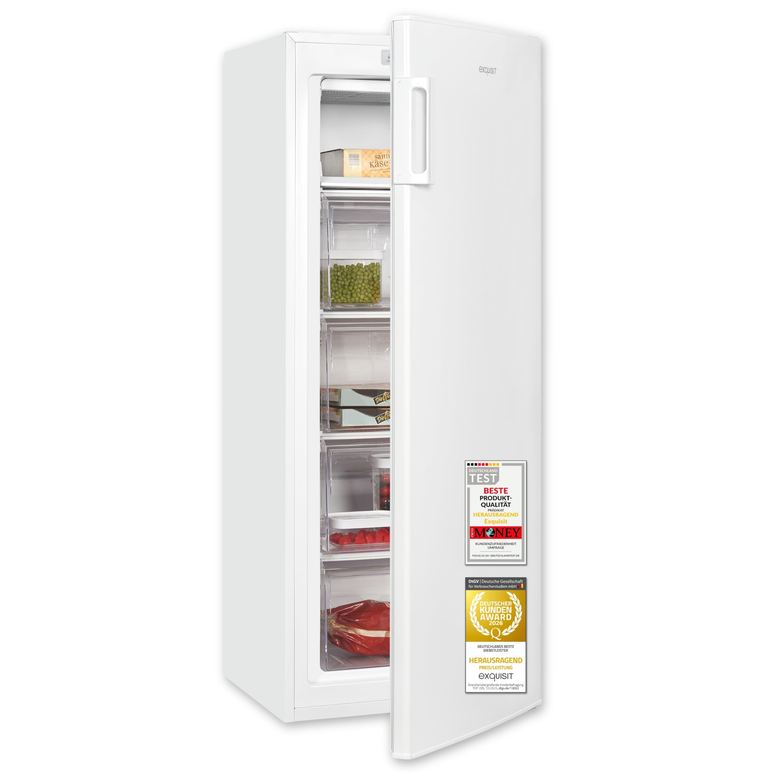 Exquisit GS5230-H-040D Gefrierschrank - 168 l Nutzinhalt - Klasse D - Weiß | Freistehendes Standgerät mit 4 Gefrierschubladen, 4-Sterne-Gefrieren, leisem 40 dB Betrieb und wechselbarem Türanschlag