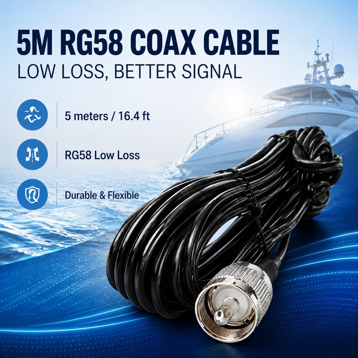VHF Marine Radio Antenna Boat Low Profile with RG58 Cable