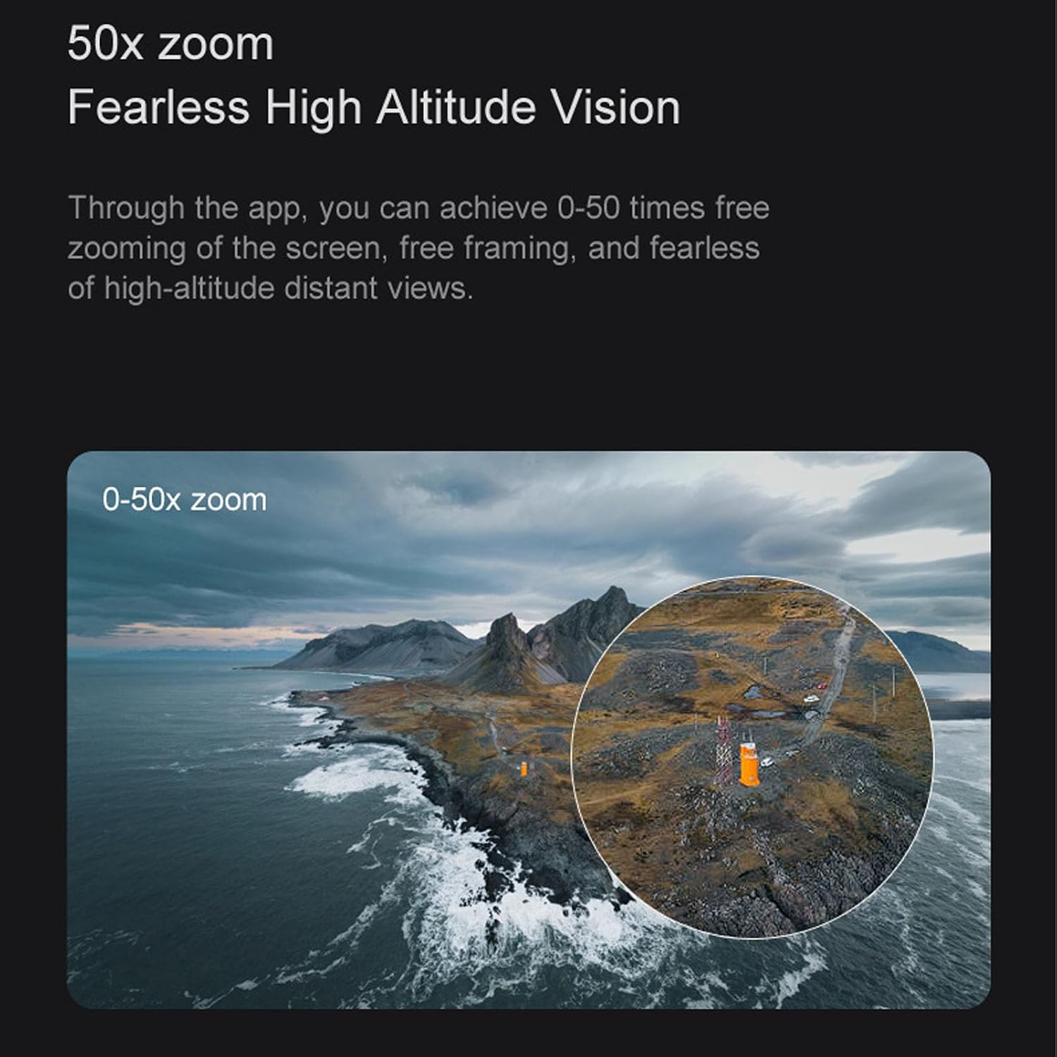 Drone camera view showing 0-50x zoom capability over a landscape.
