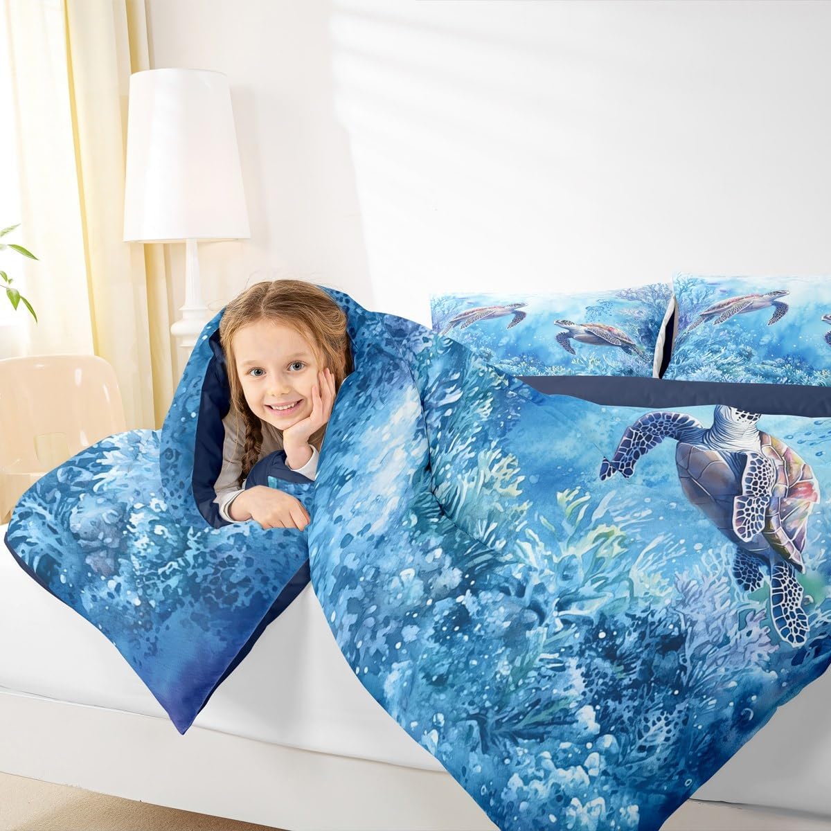 Erosebridal Turtle Comforter Underwater World Comforter Set Full Size,3Pcs,2 Pillowcases for Boys Girls Kids Adults Seaweed Sea Theme Bedding Set Lightweight Ocean Animals Duvet Quilt