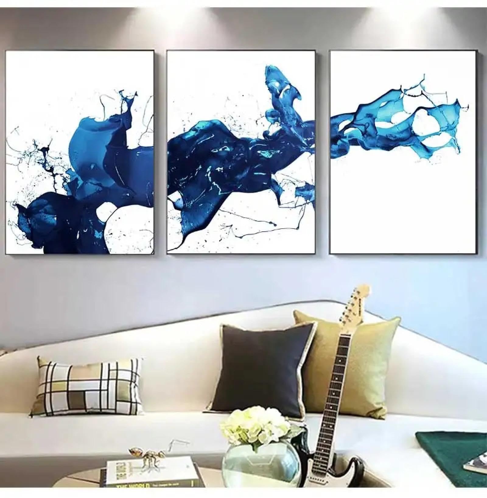 BMGKYAGL Akwarela niebieska farba sztuka abstrakcyjna obrazy na płótnie minimalistyczne plakaty wydruki obrazy ścienne salon wystrój domu 60 x 90 cm x 3 bez ramy