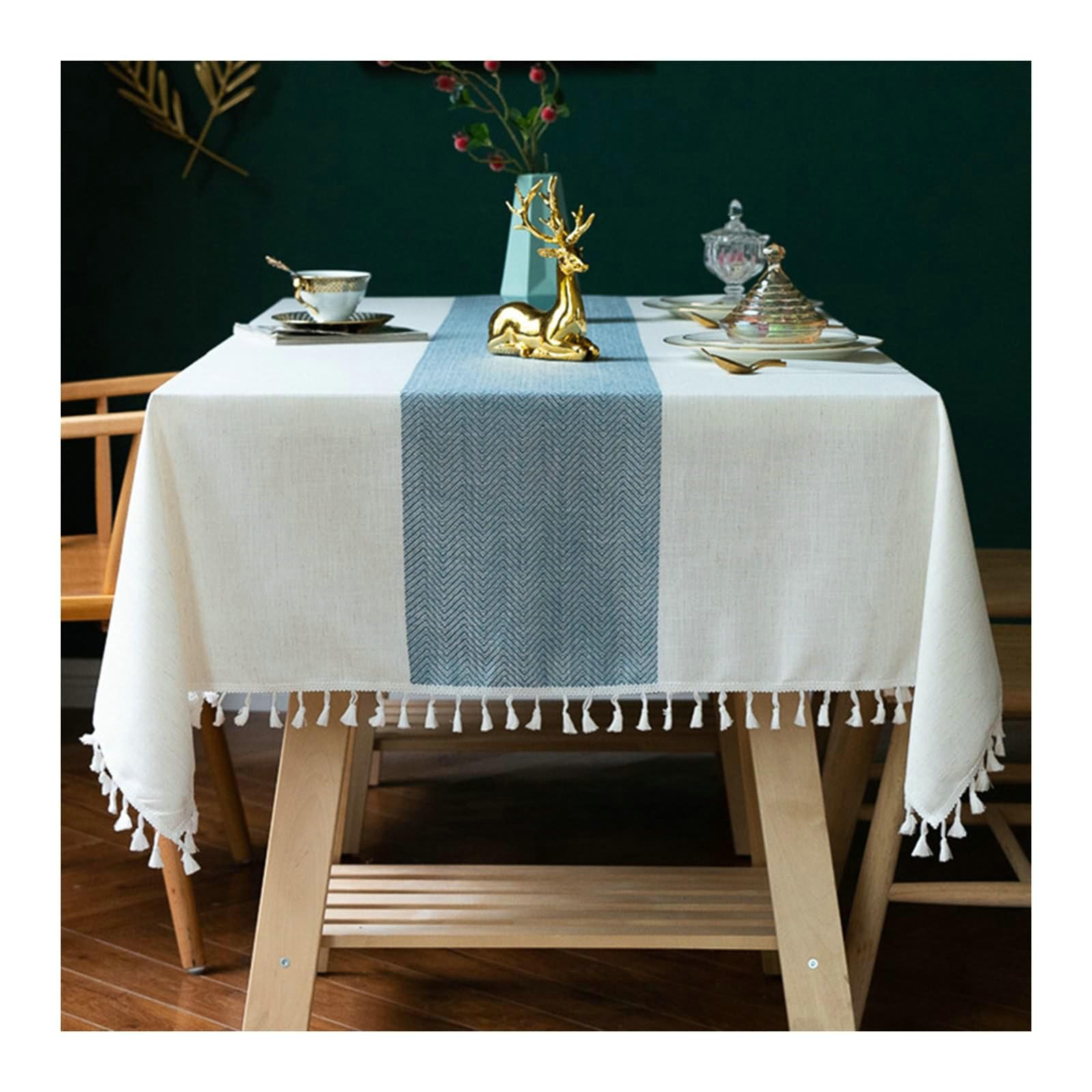 Gualiy Mantel Comedor Poliester, Mantel Mesa de Cocina 140x220CM Manteles de Mesa Antimanchas Rayas con Borlas Manteles para Mesa Comedor, Azul