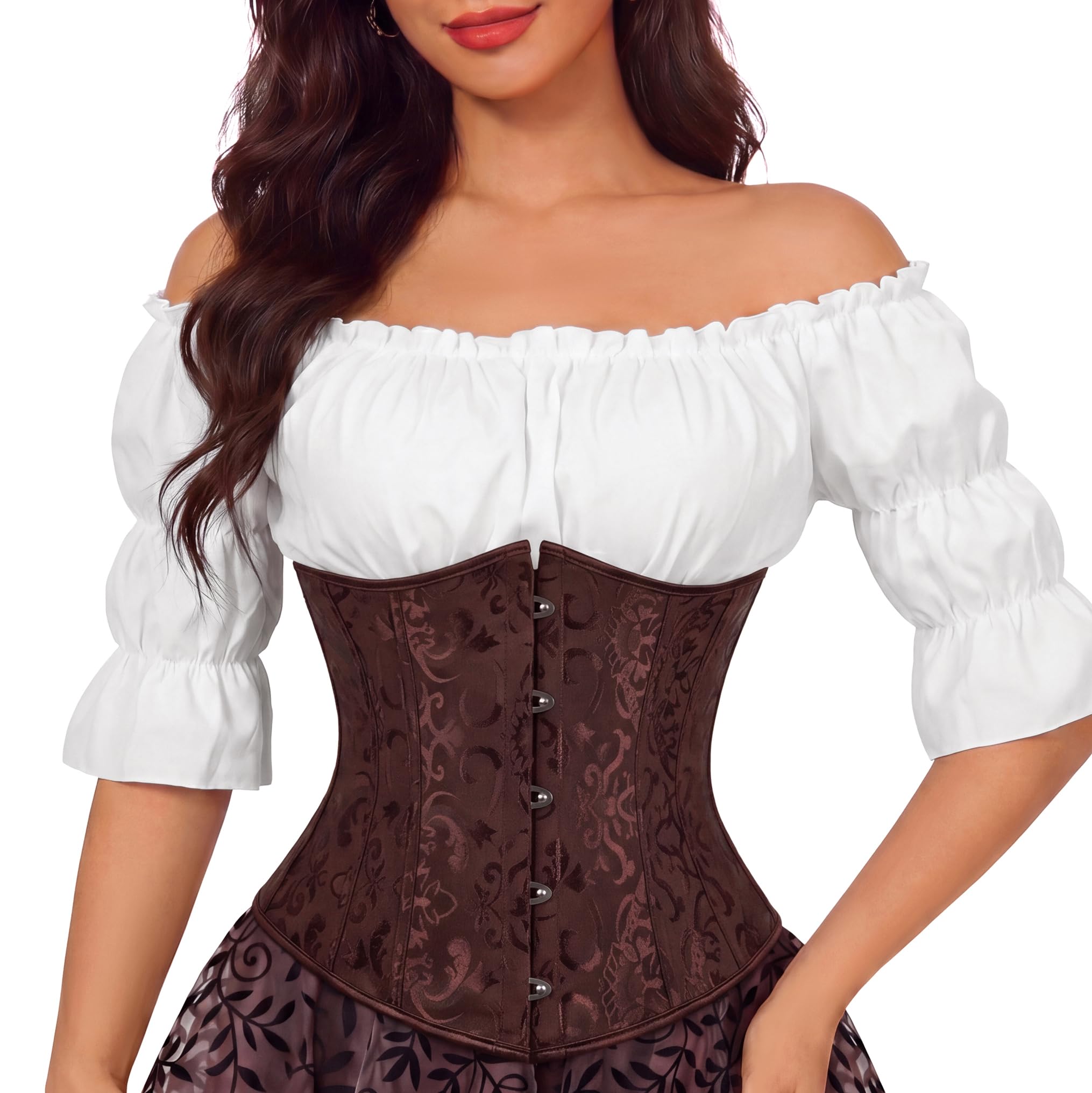 Zhitunemi Renaissance Underbust Corset Top for Women Lace-Up Pirate Costume | 100% polyester with plastic boning,front hooks,lace-up back and modesty panel,XXS-7XL for Ren Faire and Halloween styling