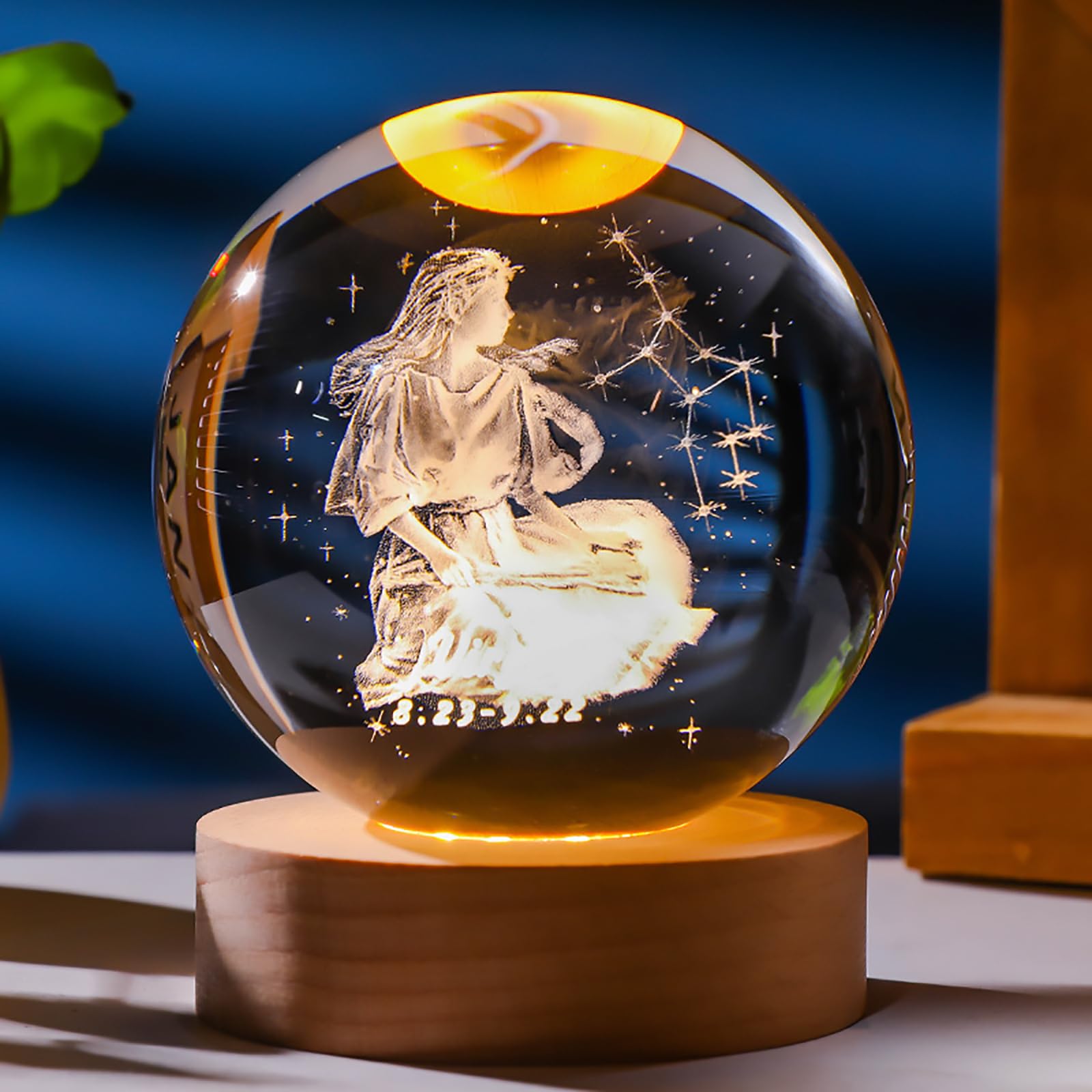 Rainbow_Road 3D laser engraved crystal ball 80 mm zodiac crystal ball with solid wood stand Gift box Home decorative accessories Creative gifts (Virgo)