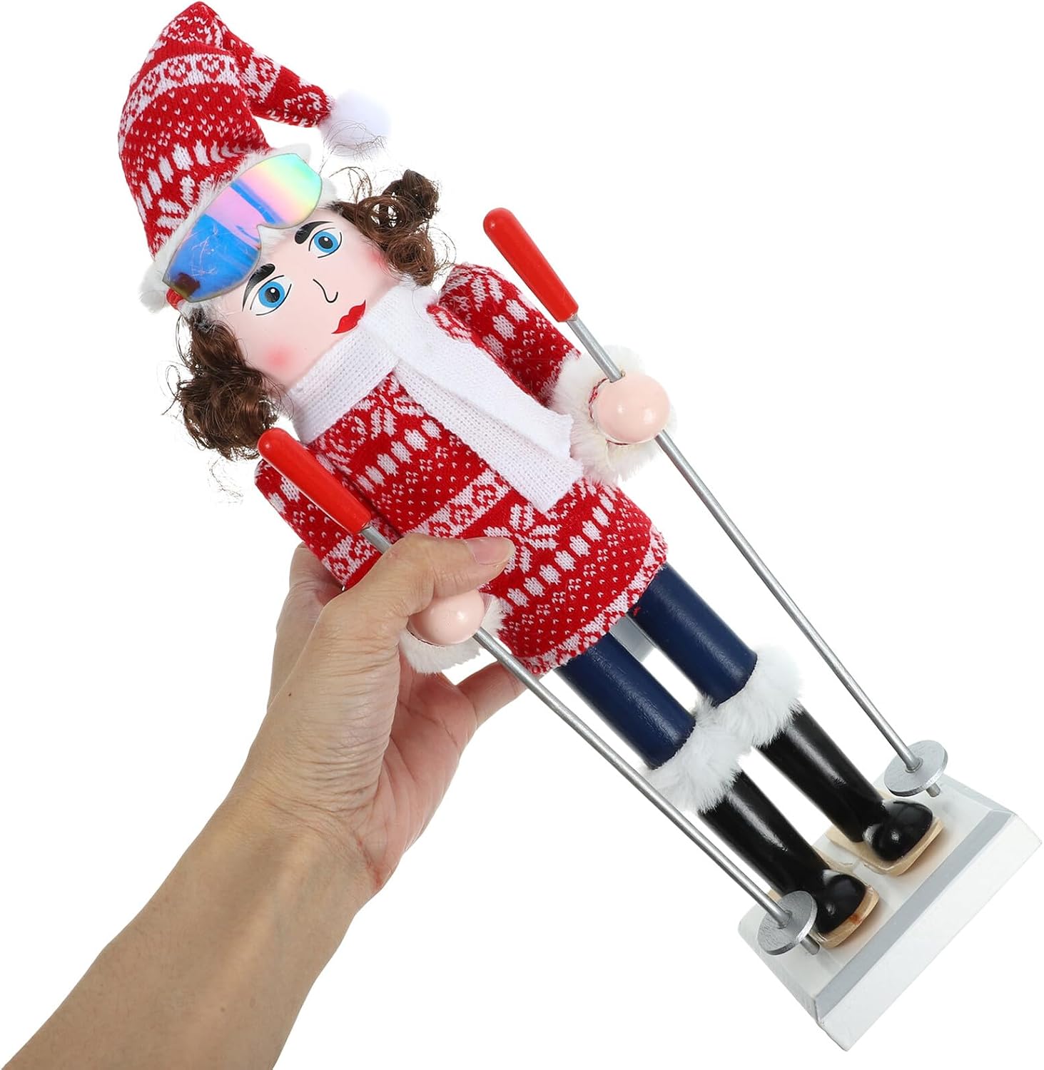 Wooden Nutcracker Figurine with White Scarf, 38cm Skiing Girl Christmas Nutcracker Decor for Desktop Seasonal Holiday Ornament
