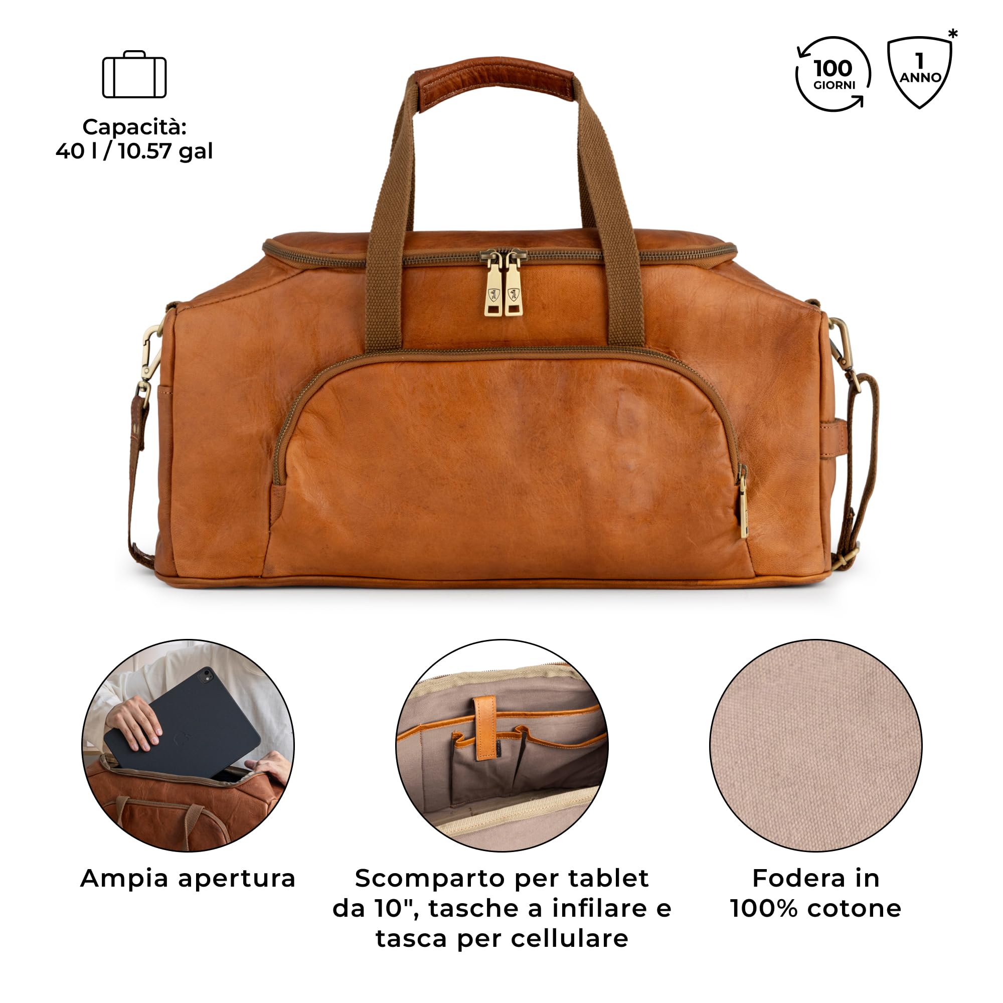 Berliner Bags Borsone da Viaggio Denver M in Pelle Conciata al Vegetale, Compatto con Tracolla Regolabile, Ideale per Weekend e Tempo Libero, Uomo e Donna – Marrone