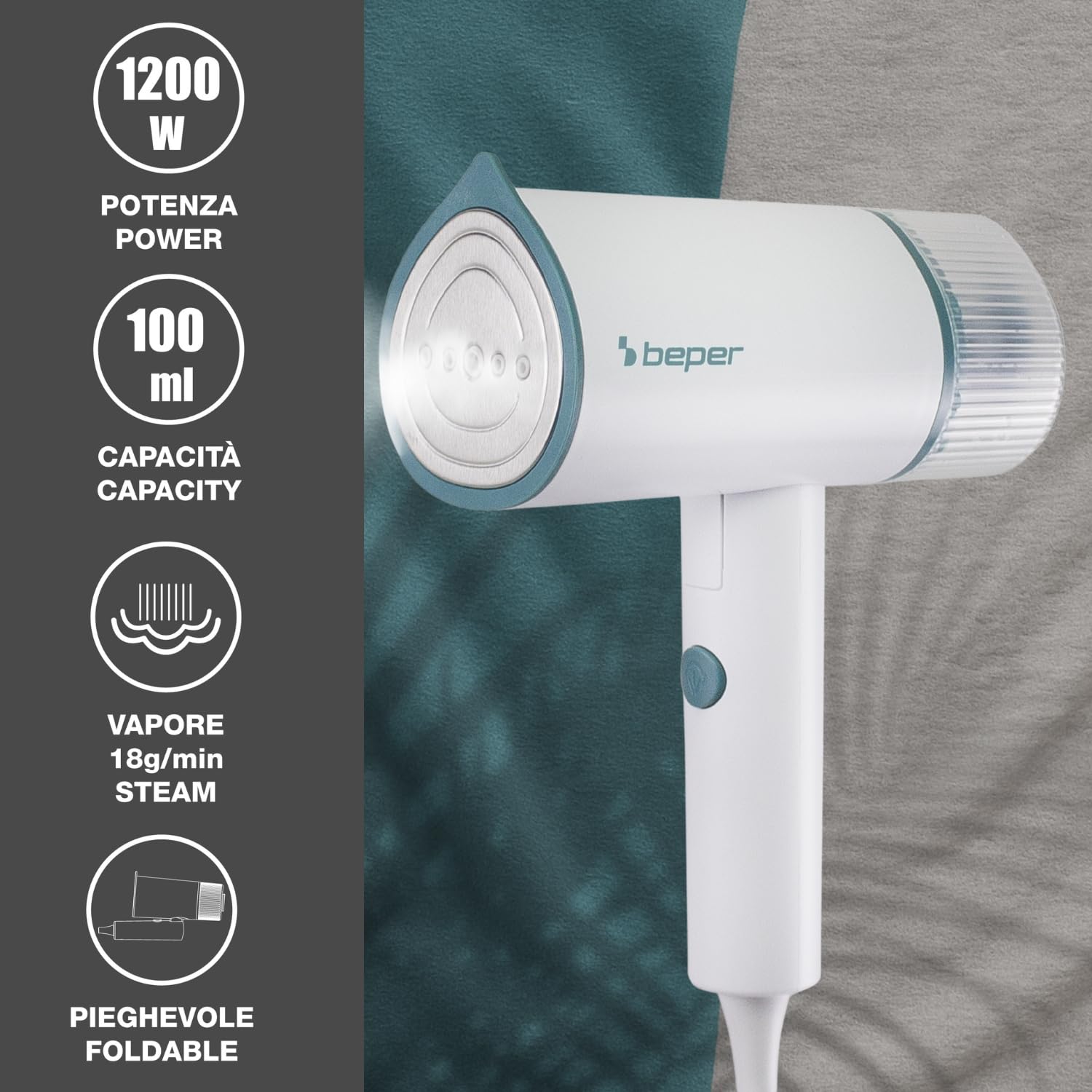 BEPER P204FER210 Stiratrice Verticale Portatile Pieghevole – 1200W, Vapore Continuo 18g/min, Serbatoio 100 ml Removibile, Spazzola Levapelucchi Inclusa, Adatta a Tutti i Tessuti, Perfetta da Viaggio