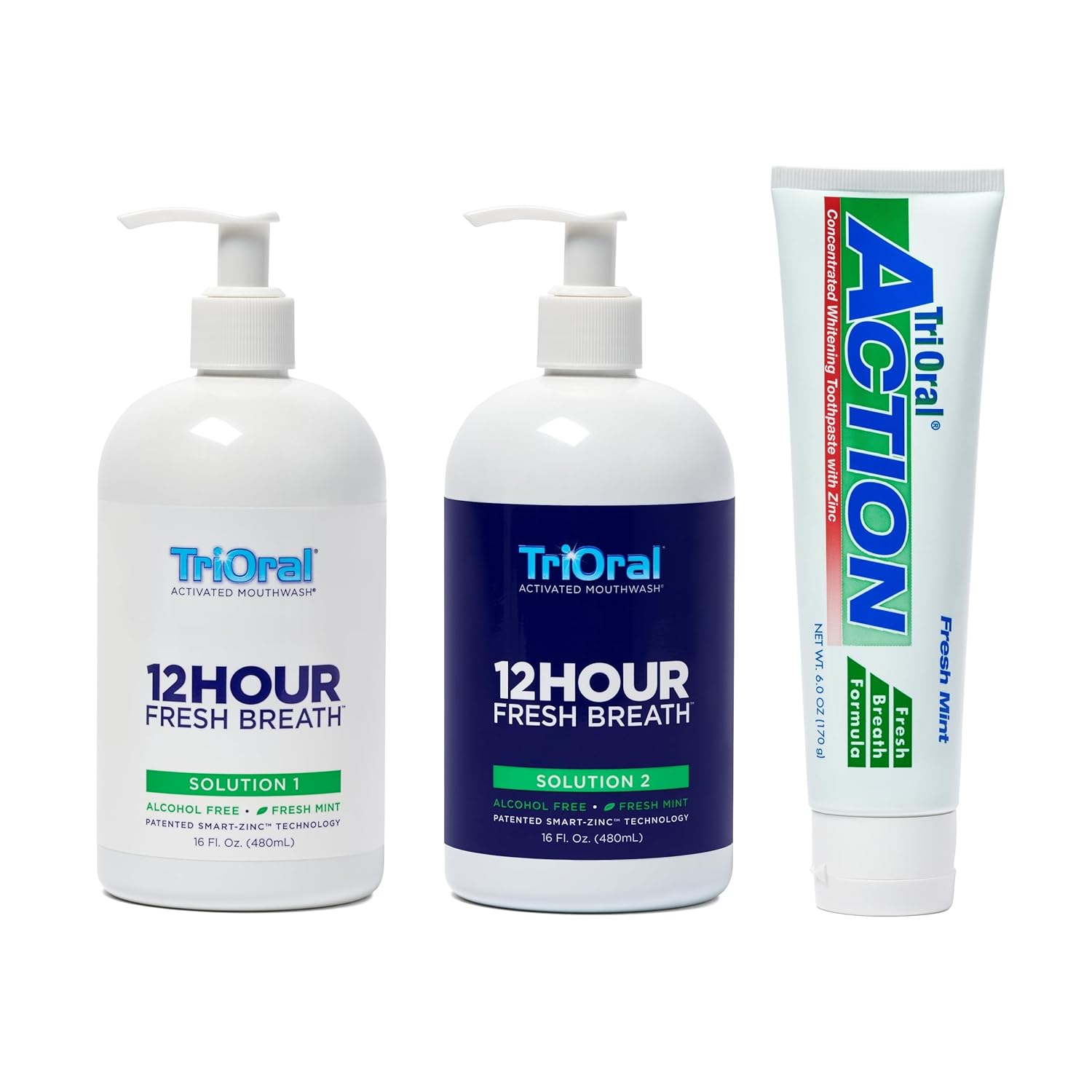TriOral 12-Hour Fresh Breath 2-Bottle Rinse System and TriOral Action Toothpaste, Mint