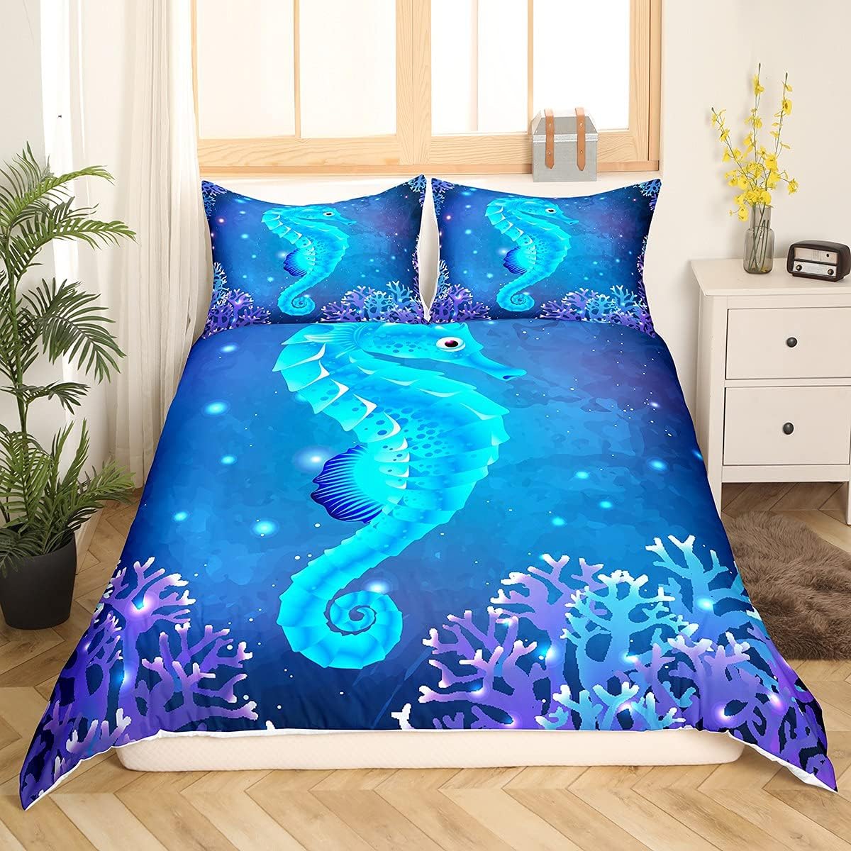 Youth Seahorse Print Duvet Cover Kids Ocean Creature Themed Comforter Cover for Boys Girls Marine Sealife Bedding Set Teens Sea Underwater World Blue Hippocampus Decor Bedspread Cover Single Size - Image 4