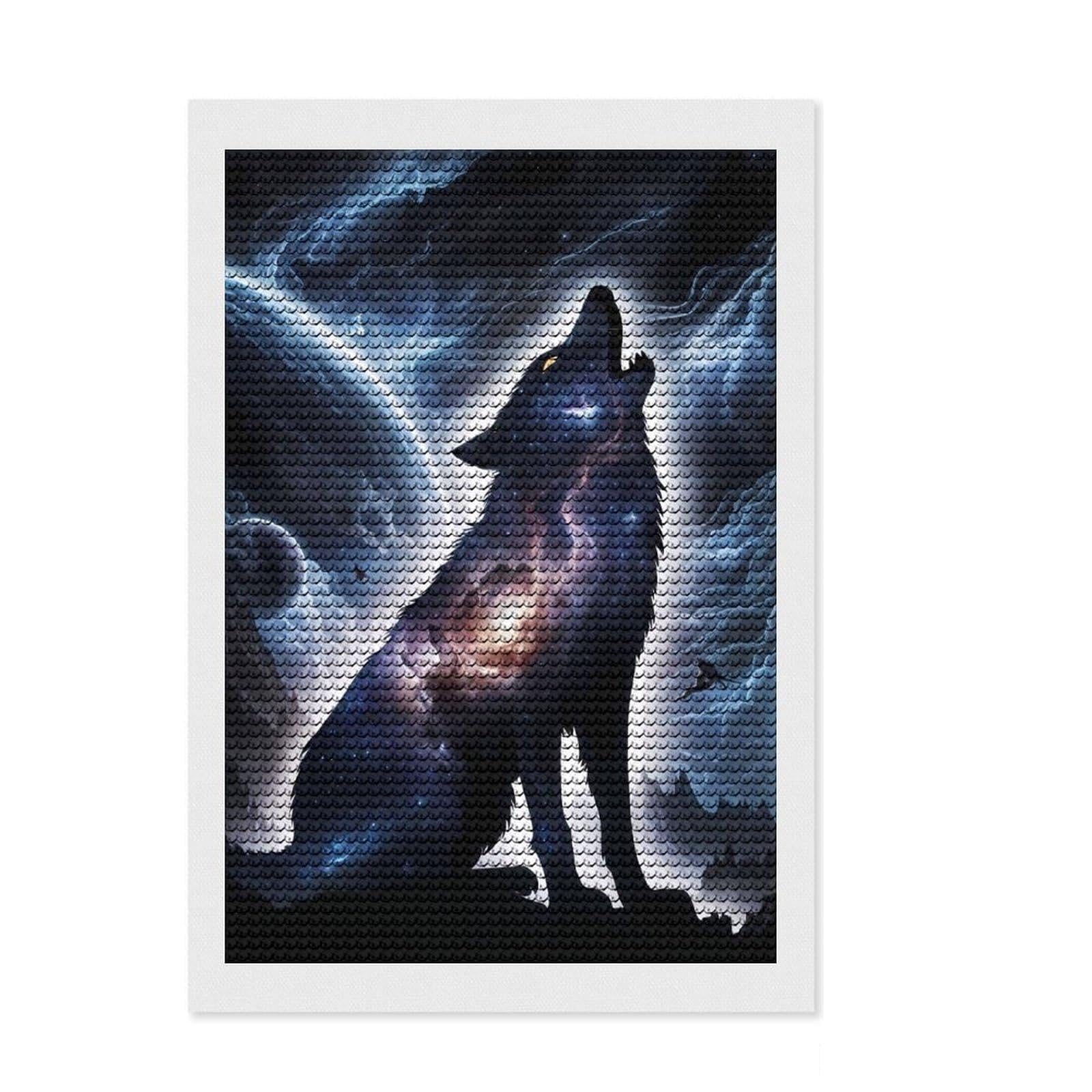 Junmoney Wolf Howling Silhouette Diamond Painting Set 8"x12", with Tool Kit, Farmhouse Decor, for Creative Relaxation, Birthday Gift, Bedroom Decor