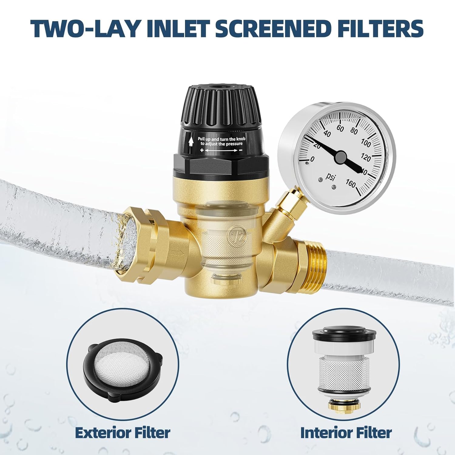 SPECILITE RV Water Pressure Regulator Valve, Adjustable Handle Brass Lead-Free Pressure Reducer with Gauge and Inlet Filter for Camper Travel Trailer
