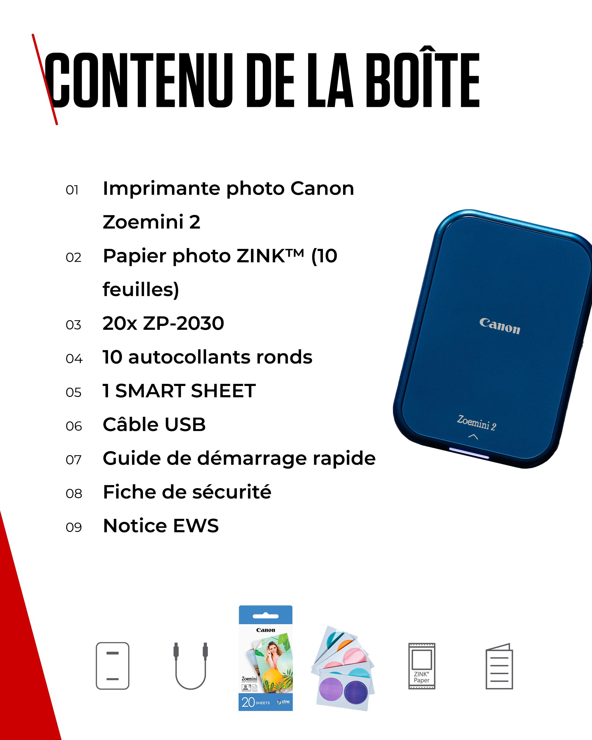 Canon Zoemini 2 Imprimante Photo Portable Bluetooth USB-C Rechargeable, Kit avec 20 Feuilles Autocollantes ZP-2030 + 10 Feuilles Circulaires 3,3 cm Zink, Bleu