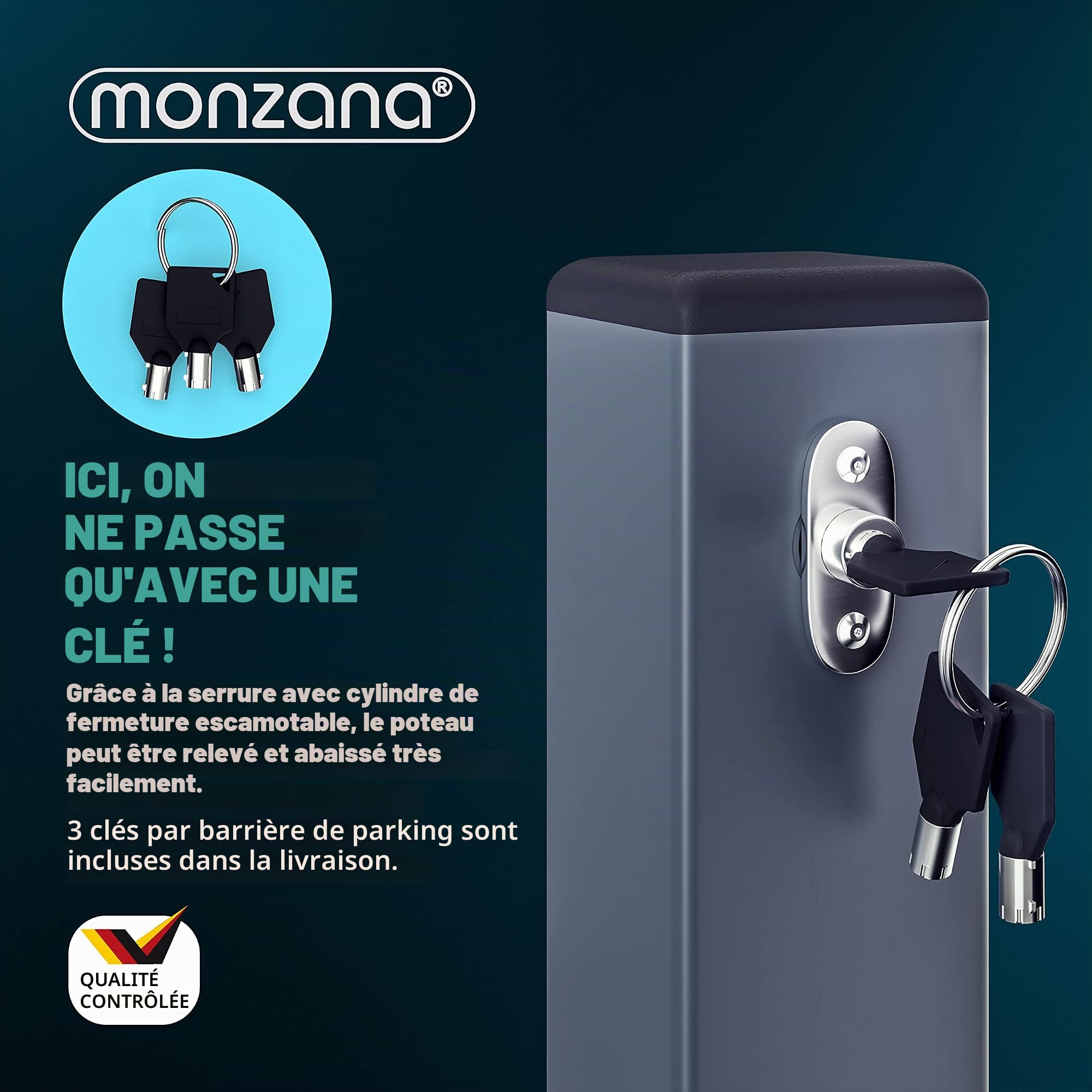 2x Poteau de stationnement barrière parking pliable 3 clés verrouillable acier accessoires bandes réfléchissantes borne