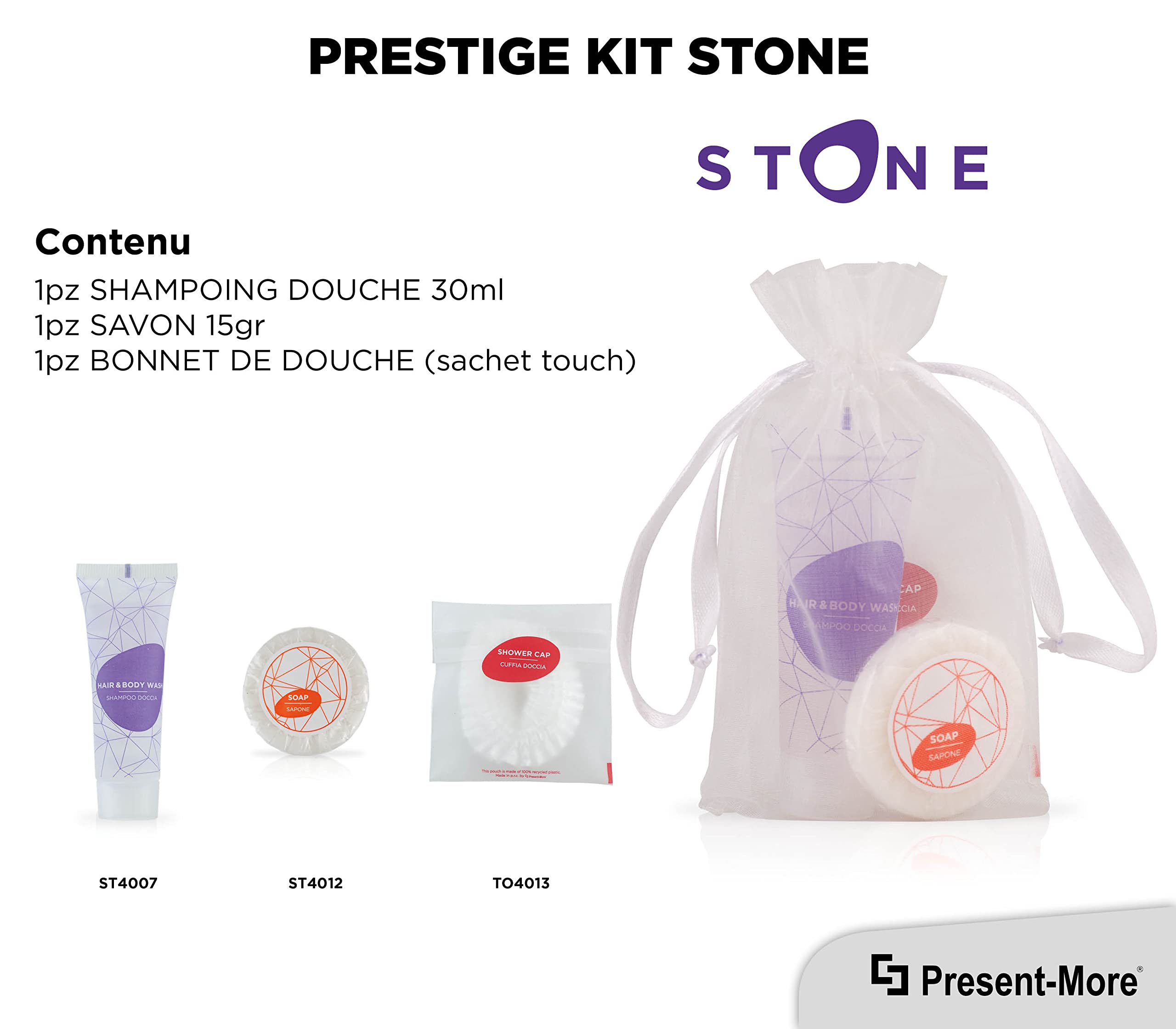 Present-More Amenities Kit Stone - Prestige Kit Toilettenartikel 50 Gäste für Hotels und B&B | Allergenfreie Amenities Kit mit Duftnote Relaxing