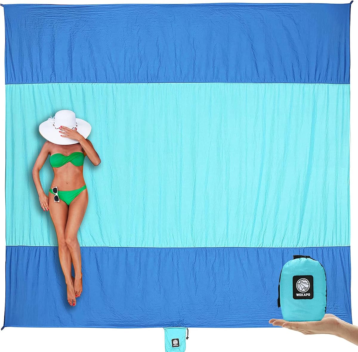 WEKAPO Manta de playa a prueba de arena, impermeable, alfombra de playa extra grande, de gran tamaño y compacta, sin arena, elementos esenciales de playa de secado rápido para vacaciones, crucero, picnic y camping con estacas