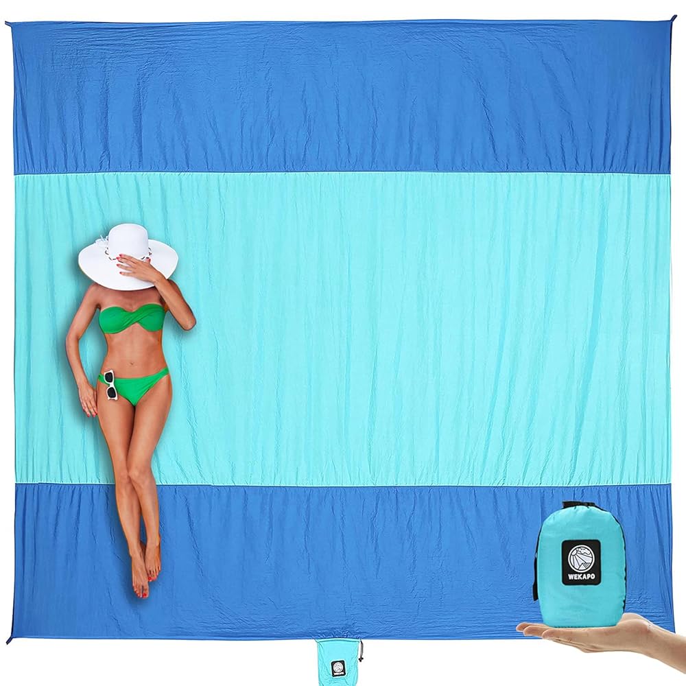 Wekapo Beach Blanket Sandproof, Extra Large Oversized 10\'X 9\' for 2-8 Adults, Big & Compact Sand Free Mat Quick Drying, Lightweight & Durable with 6 Stakes & 4 Corner Pockets