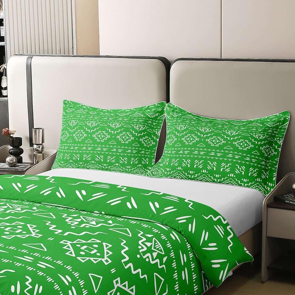 100% Cotton Boho Aztec Duvet Cover Single Southwestern Ethnic Bedding Set Exotic Tribal Bohemian Comforter Cover Western Bedroom Decor,Moden Farmhouse Geometric Bed Set Green White 1 Pillow Case - Image 4