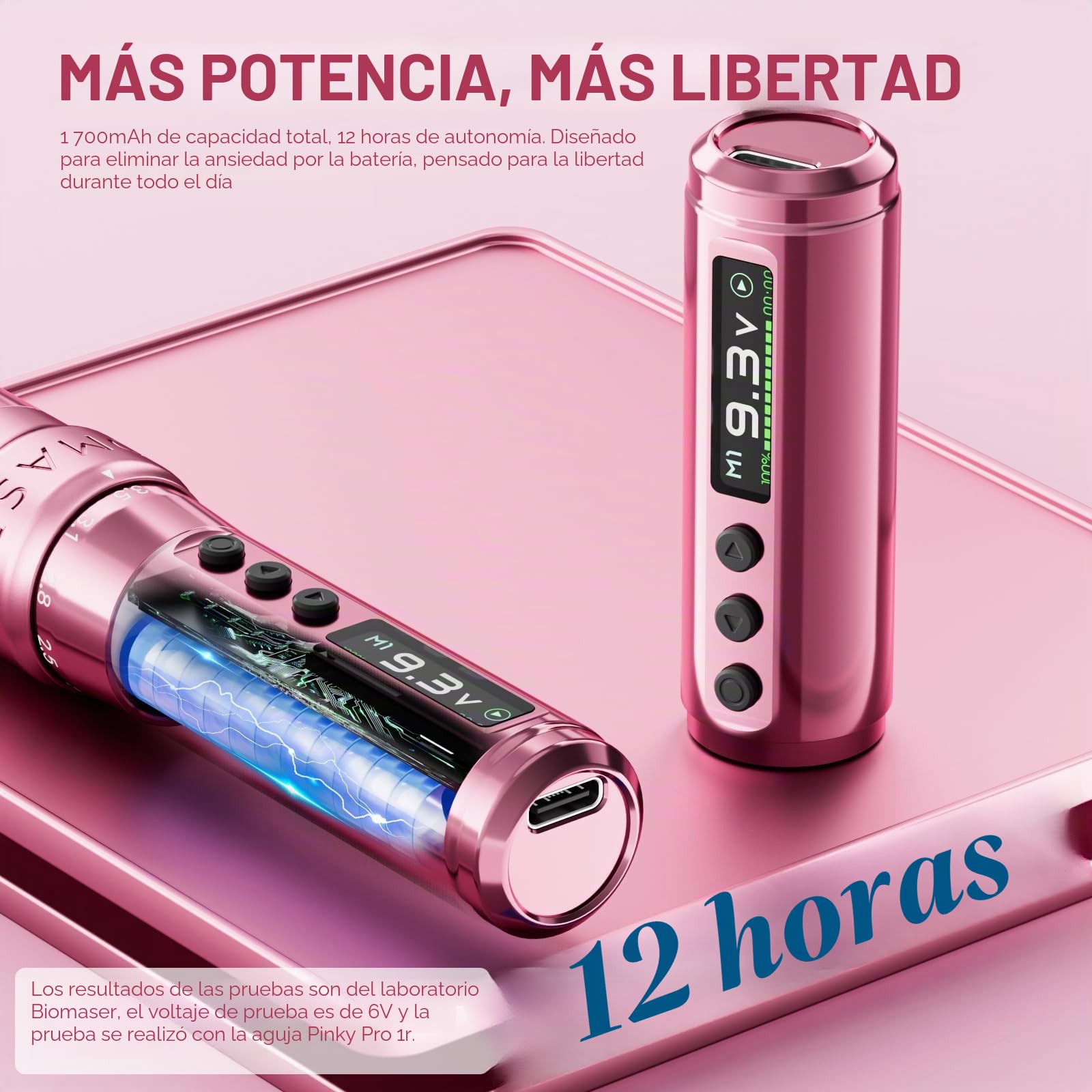 Biomaser U1 Pro - Maquillaje permanente inalámbrico semiinalámbrico, 6 tiempos, ajustable, con 2 pilas de 850 mAh, pantalla OLED para maquillaje semipermanente (Rosa)