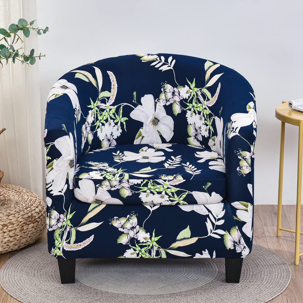 Highdi Dark Blue 2 Piece Classic Floral Tub Chair Cover Armchair Slipcovers With Cushion Cover Stretch Spandex Removable Washable Tub Chair Protector For Club Living Room Reception (Dark Blue)