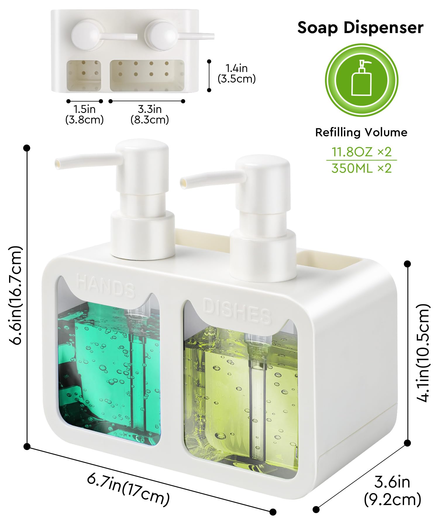 Set di erogatore di sapone per mani e detersivo per piatti, doppio erogatore con porta spugna e spazzola, erogatore di sapone 4 in 1 da appoggio per lavello della cucina, utili gadget da cucina