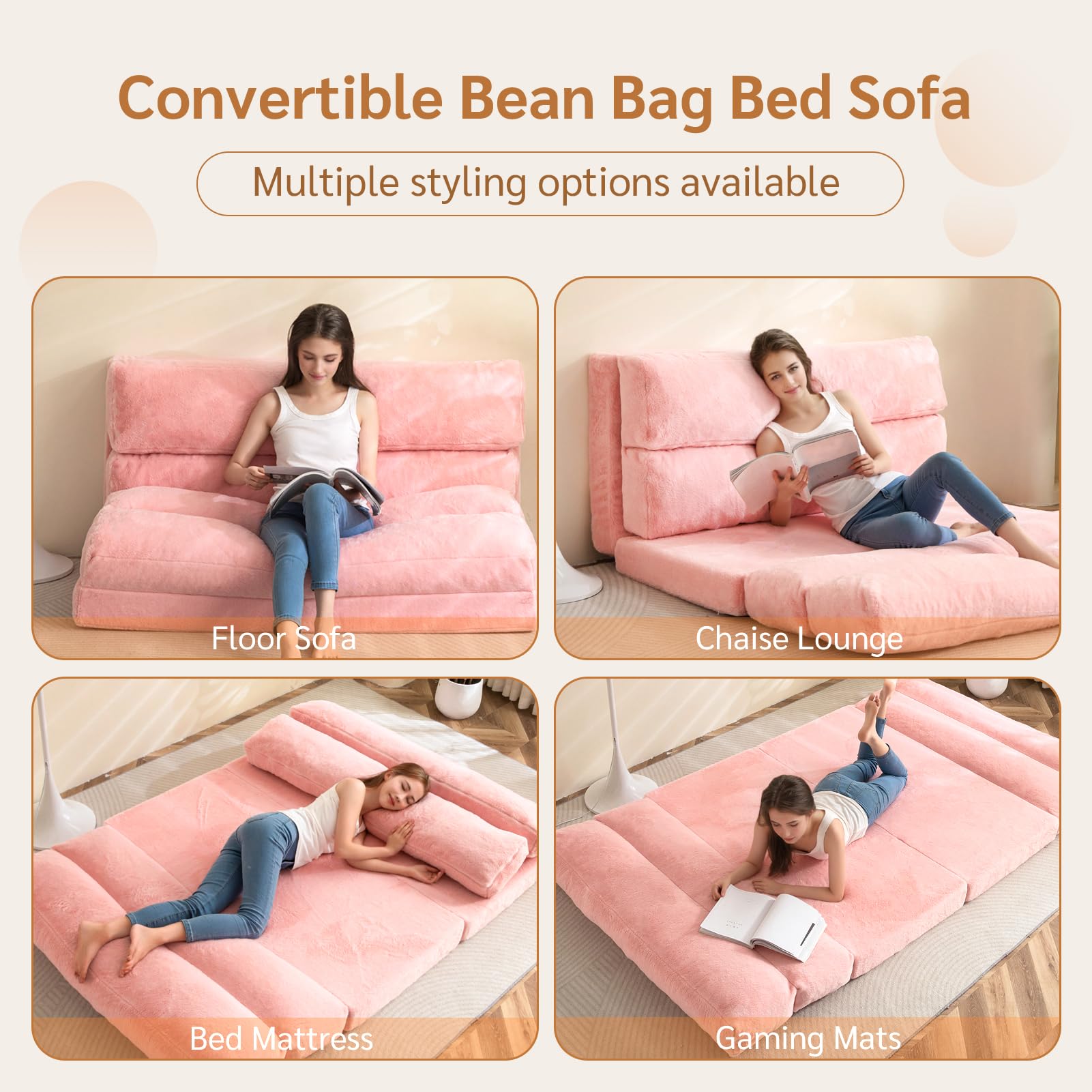 MAXYOYO Cama Puf, Sofá Cama Plegable, Colchón de Suelo Extra Grueso Plegable 6 veces, Sofá de Suelo Dormitorio Salón (Rosa, 100 x 240 cm)