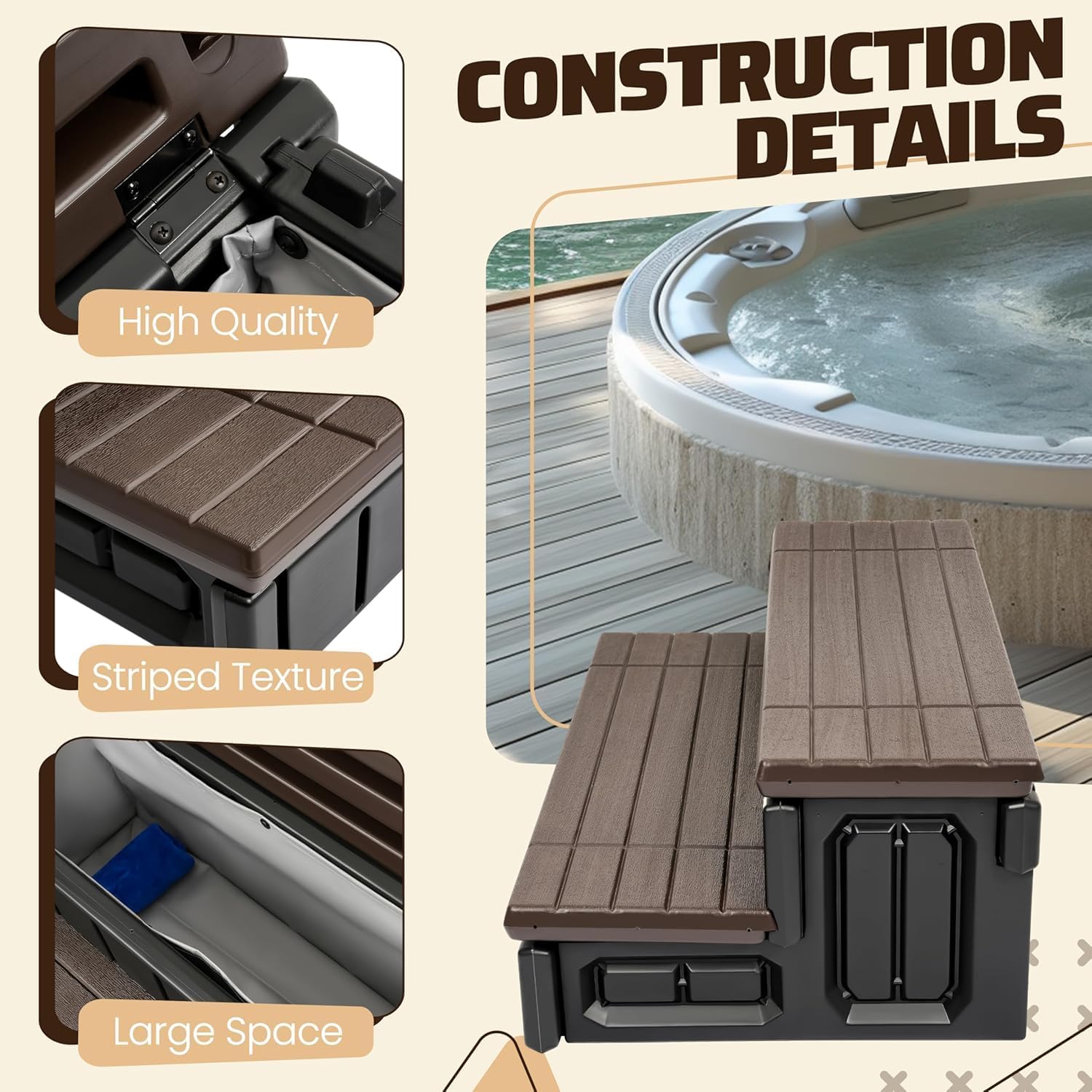 HECASA Hot Tub Steps Outdoor Spa Steps with Storage, Hot Tub Stairs Non-Slip Steps for Outdoor Indoor, 36 Inches Black/Brown, 2 Steps