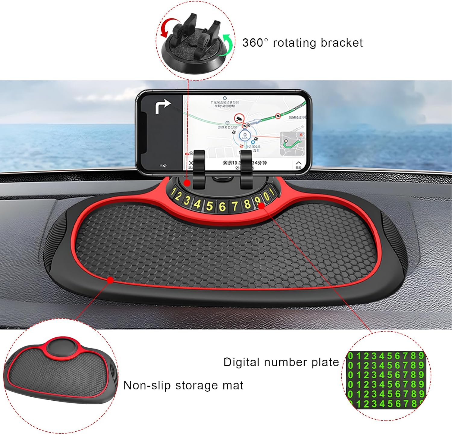 Multifunction Car Anti-Slip Mat, Rotatable Auto Phone Holder Anti Skid Pad with Temporary Parking Number, Universal Extra Large Dashboard Pad for Keys Coins Electronic Devices