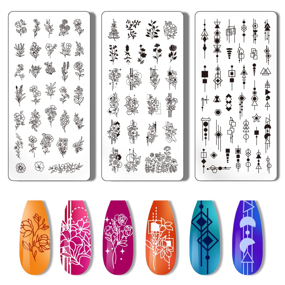 PH PandaHall 3pcs Nail Stamping Plate Plant Nail Stamper Flower Nail Art Stencils Printing Template Tip Nail Stencils Stainless Steel Nail Image Plates for Nail Art Decoration Design Manicure Salon