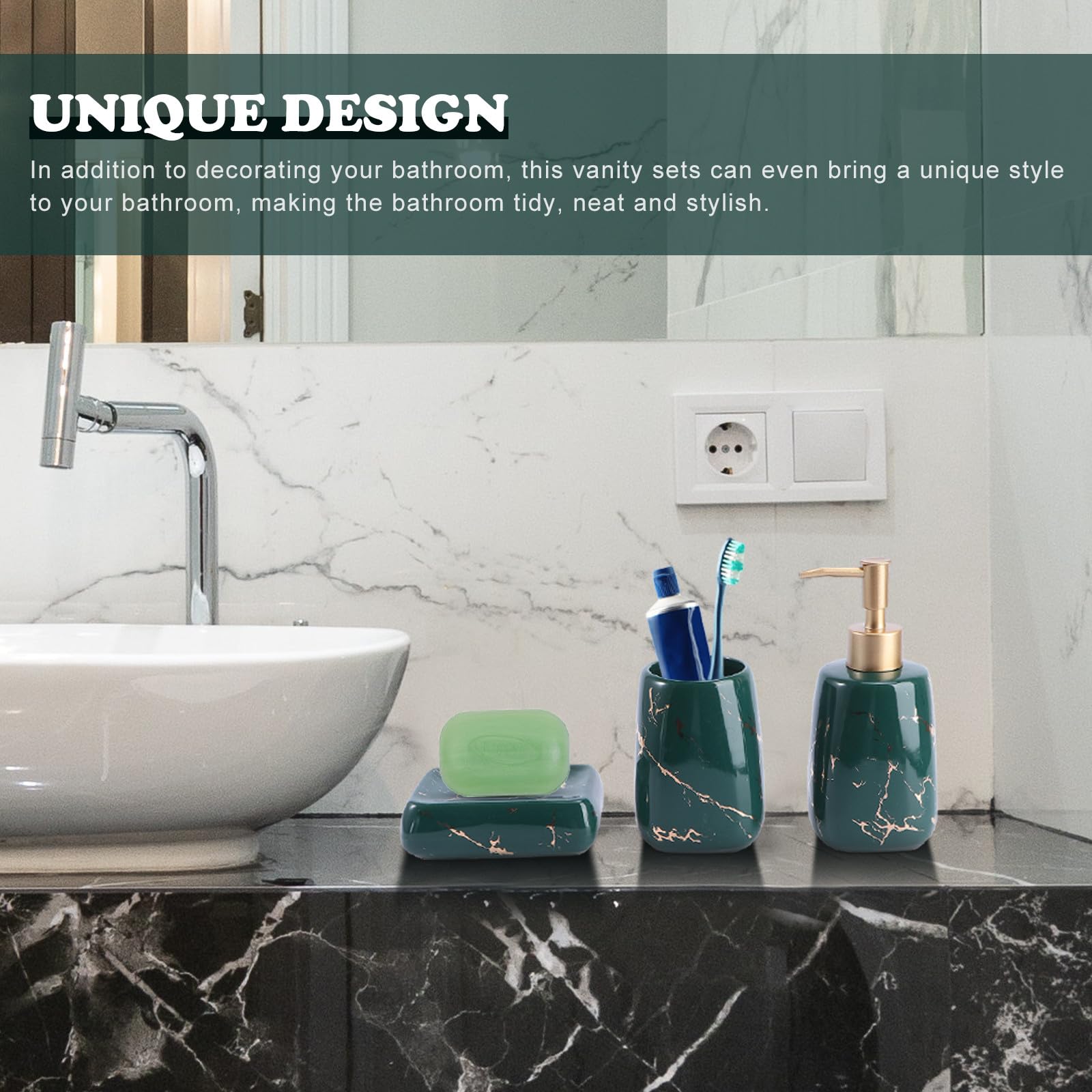 Generic Set Accessori Bagno 3 Pezzi in Ceramica Verde, Stile Marmo Elegante, Facile da Pulire, Organizer per Bagno Completo e Funzionale