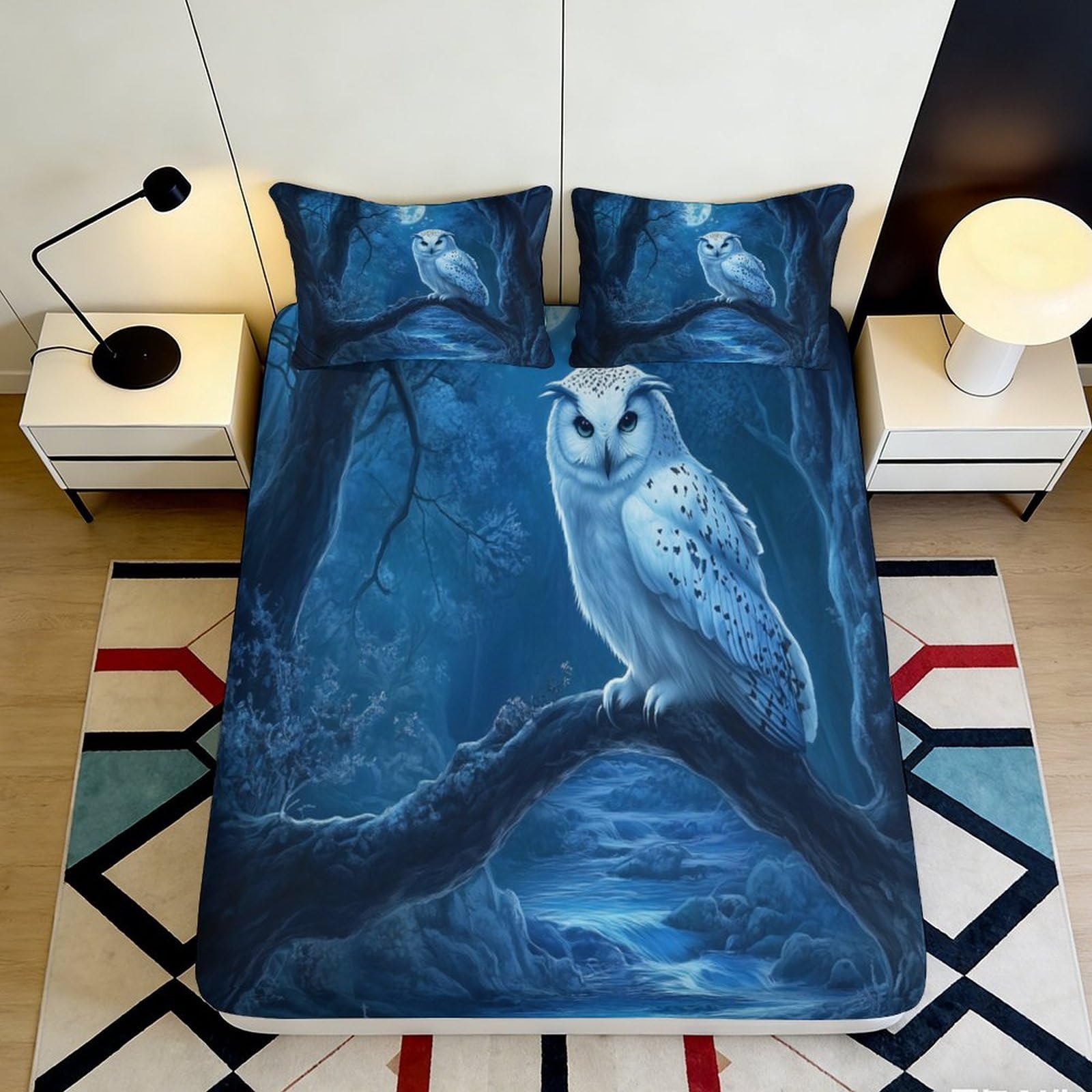 3D Printed Moonlit Owl Fitted Sheet Microfiber Non-slip Deep Blue Forest Bed Cover for Bedroom Dorm Mattress Decor 180x200x25cm