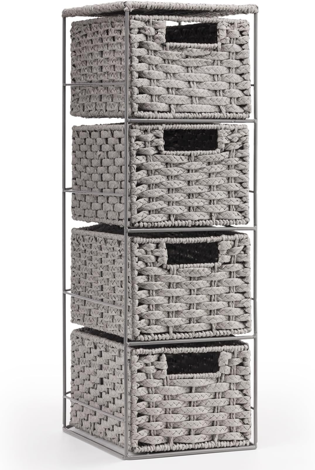 EHC Drawers Storage Unit Baskets, 4 Drawer Wicker Hand-Woven Storage boxes Shelves, Slimline Ideal For Organising Home or Office - Grey