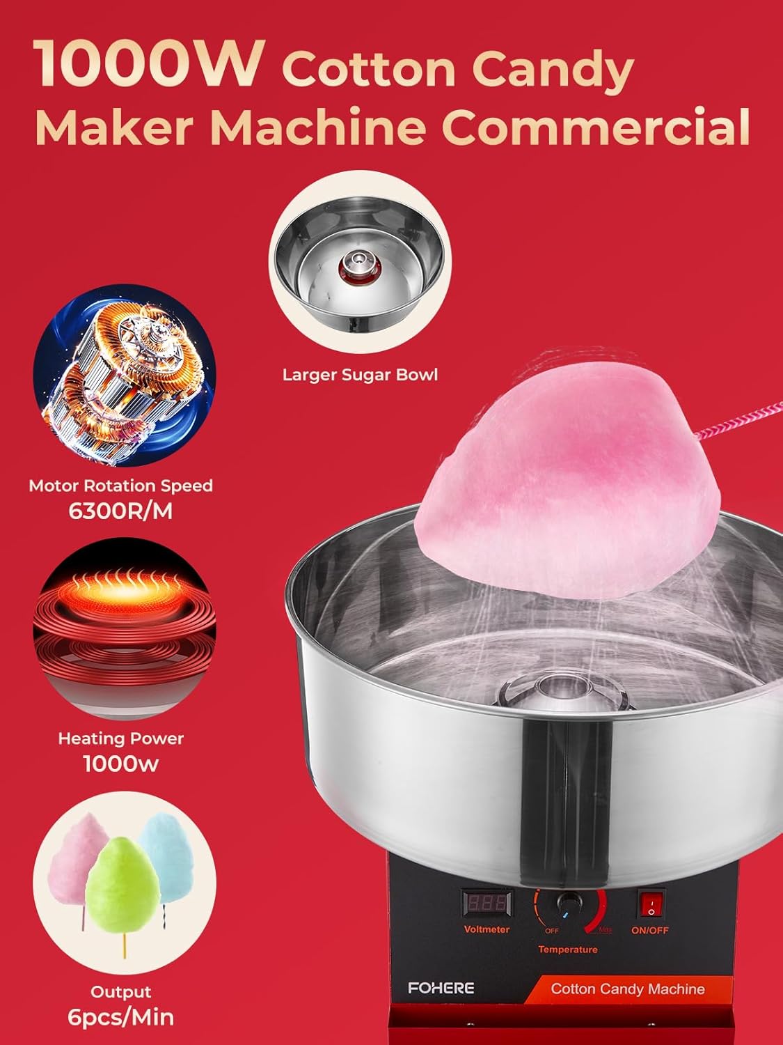 Diagram showing 1000W cotton candy maker machine commercial features