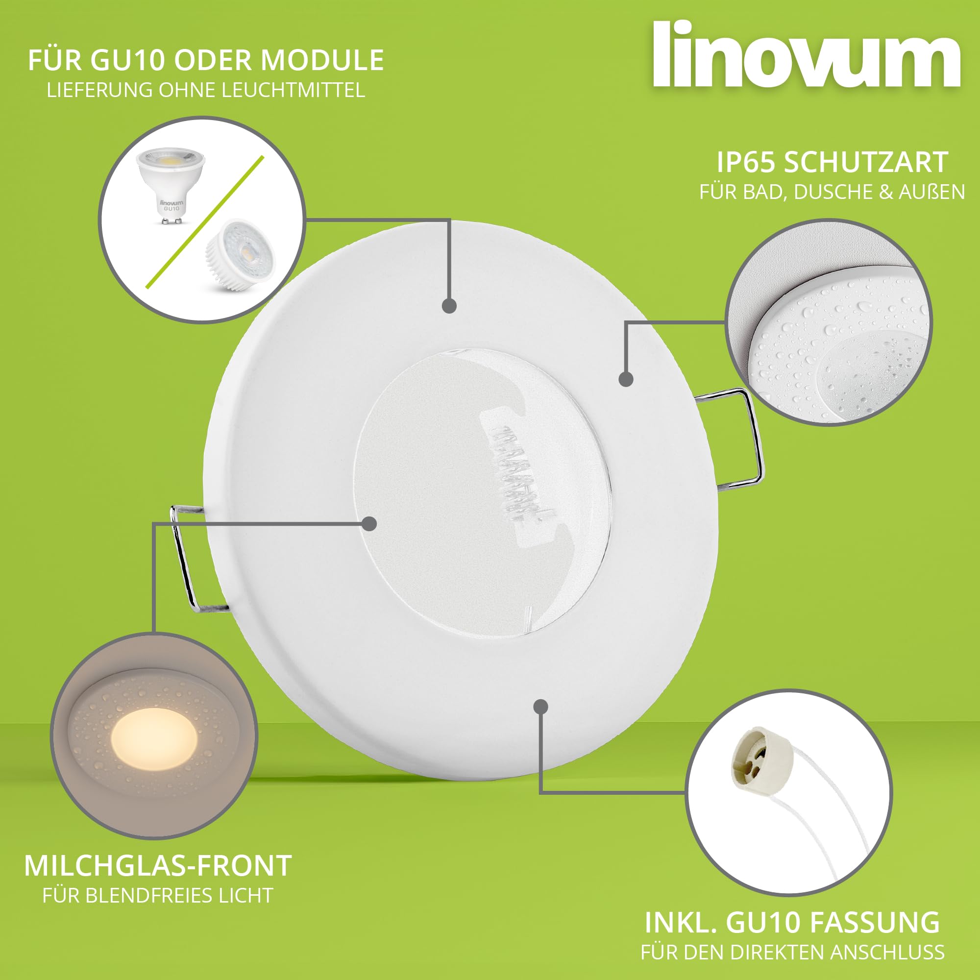 linovum 10 Stück Einbaustrahler Rahmen IP65 rund weiß matt Einbaurahmen für Bad Dusche Küche Decke Einbauleuchte ohne Leuchtmittel