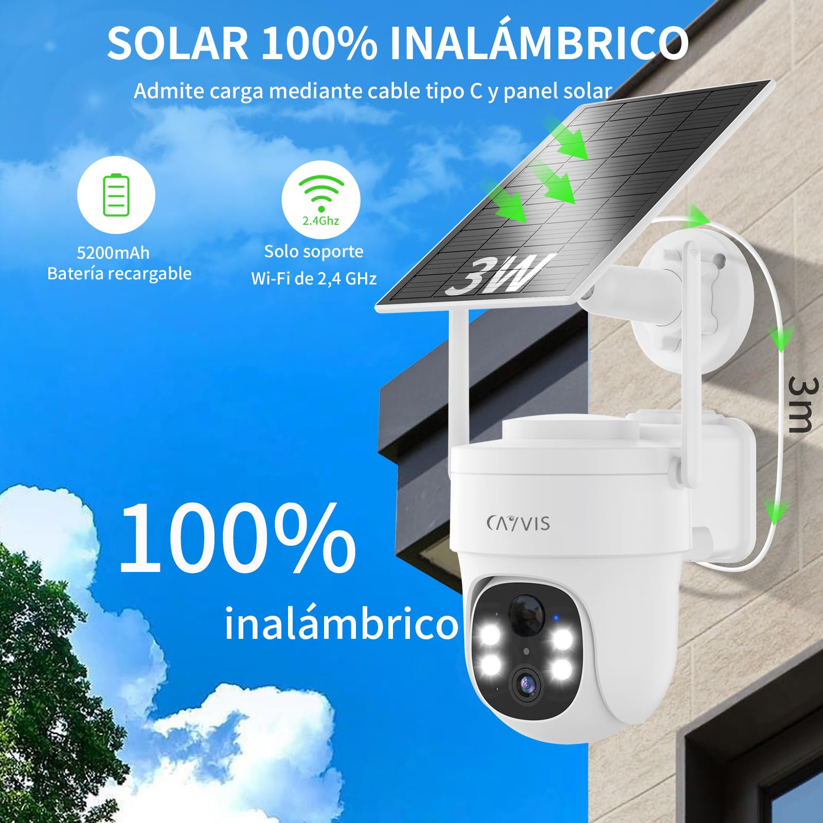 2K 3MP Camara Vigilancia WiFi Exterior Solar con Batería, 360° 2,4GHz PTZ Camaras de Vigilancia sin Cables, Visión Nocturna en Color, Detección Humana PIR/AI, Alexa