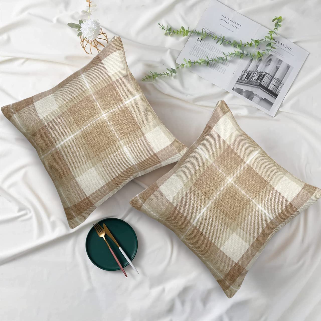 always4u Lot de 2 housses de coussin carrées à carreaux style écossais classique et durable pour canapé et chambre à coucher Beige 45 x 45 cm