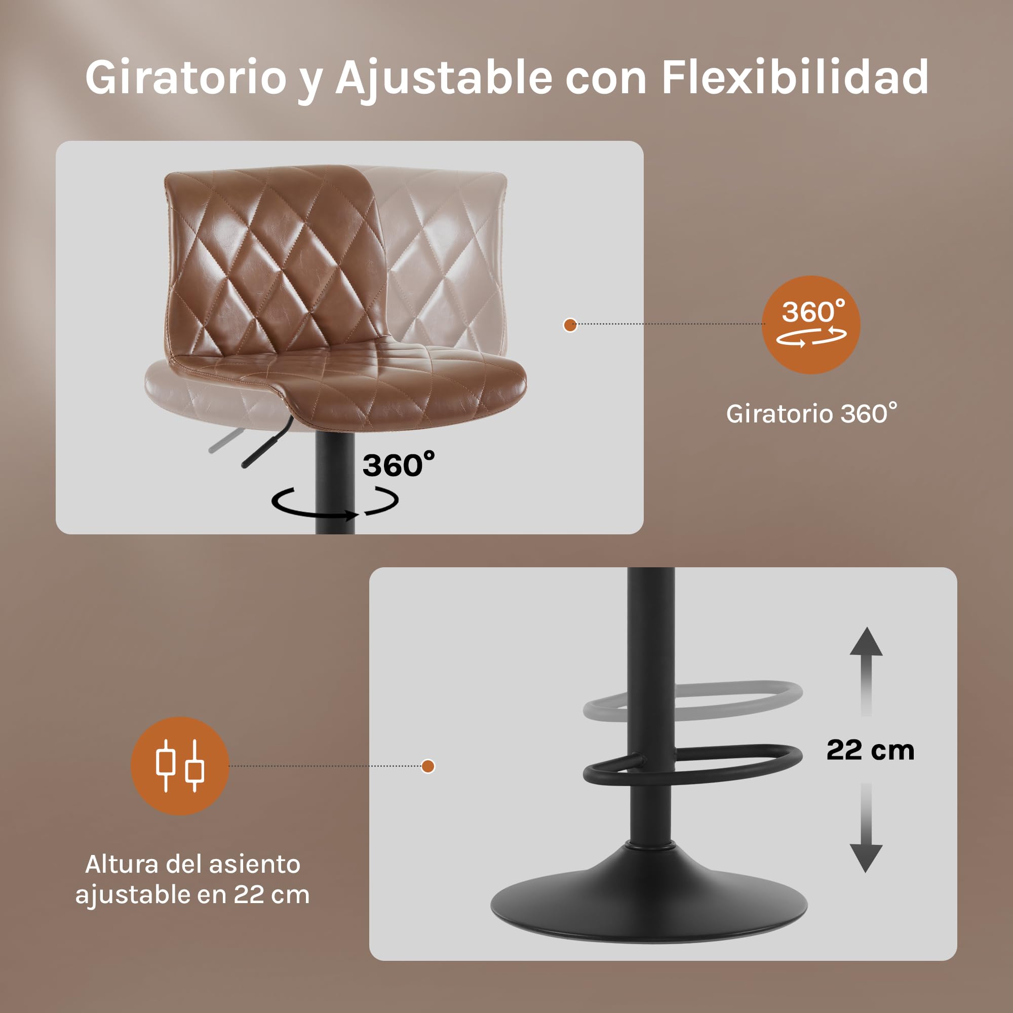 Lestarain Taburetes Altos de Cocina con Respaldo Juego de 2 | Taburete Bar Giratorio; para Bistro Cafeteria y Cocina; con Cuero Sintetico